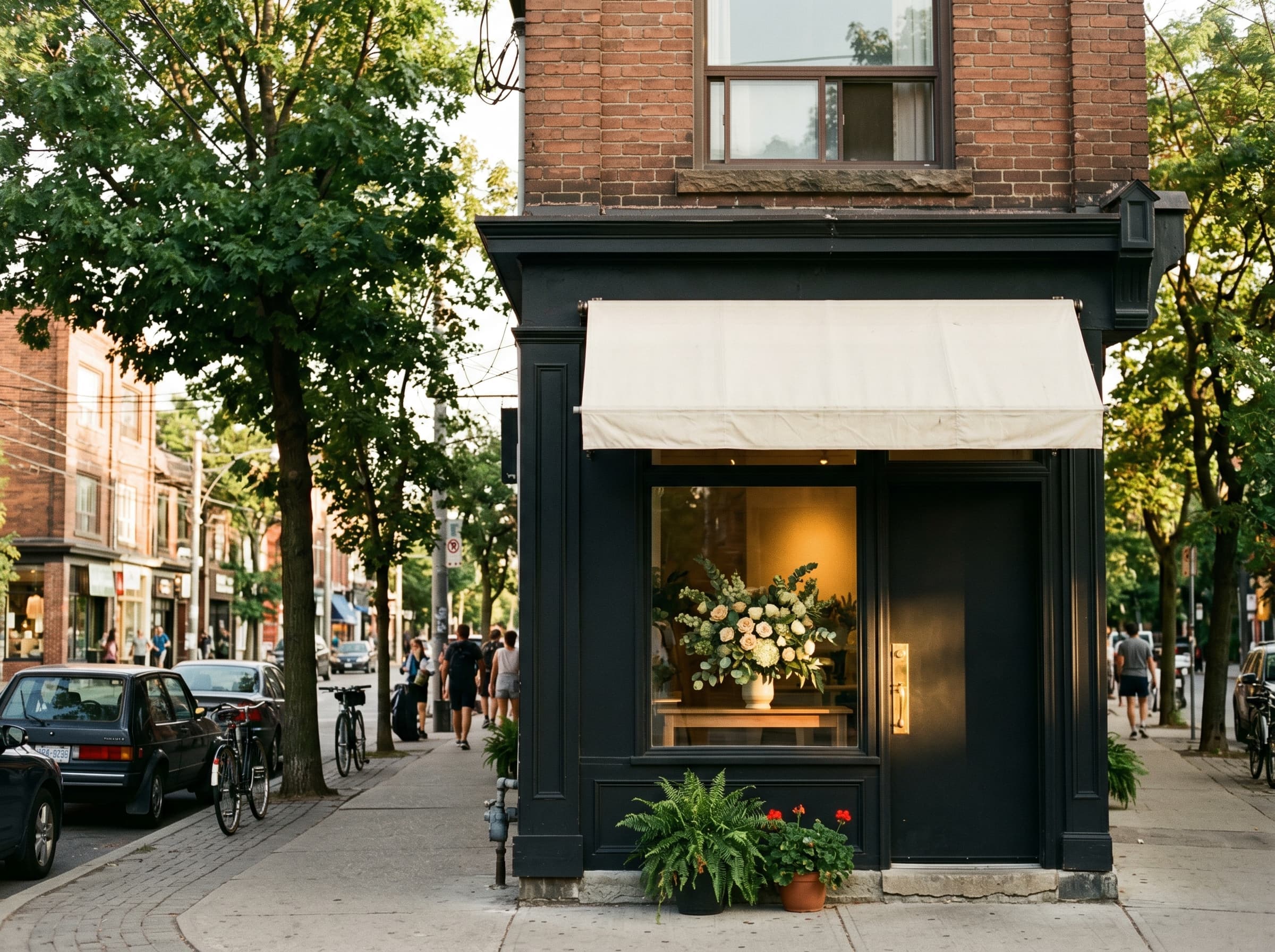 Bloomwork storefront on a tree-lined Toronto street, matte black facade with cream awning and floral arrangement in the window