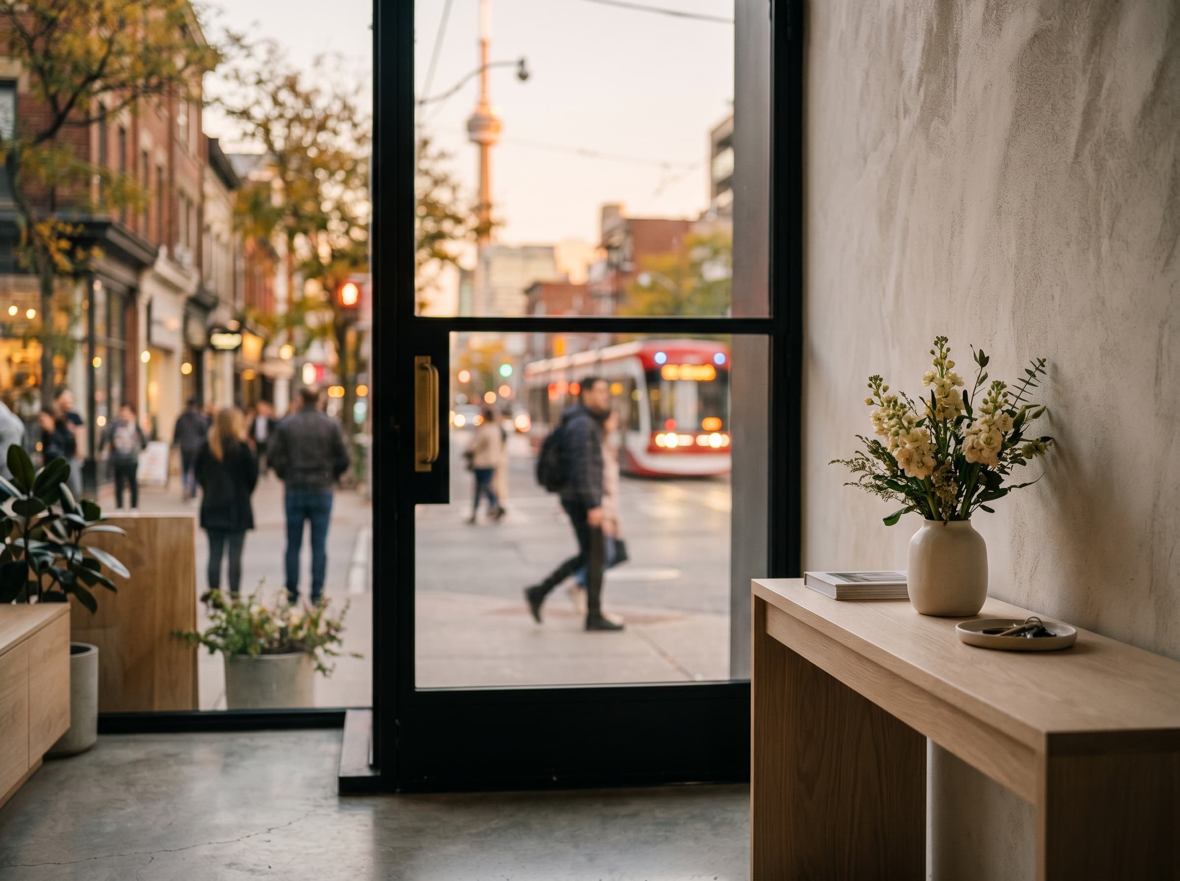 Studio entryway with a vase of branches on a console, looking out through a glass door onto a Toronto street