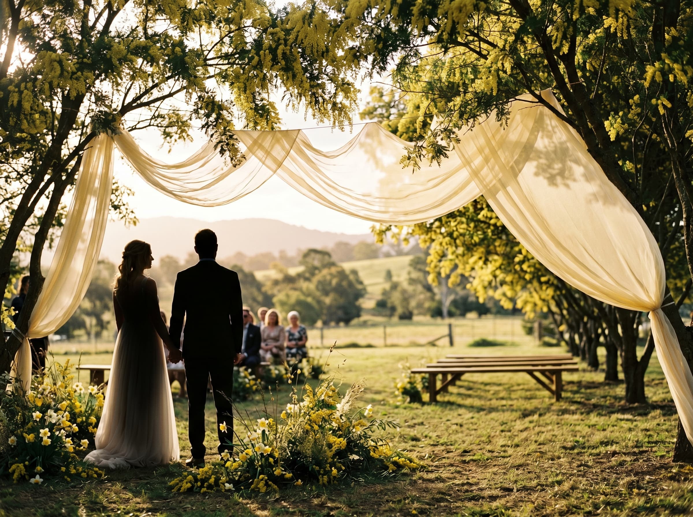 Ceremonial scene under silver wattle trees, couple silhouetted in golden afternoon light