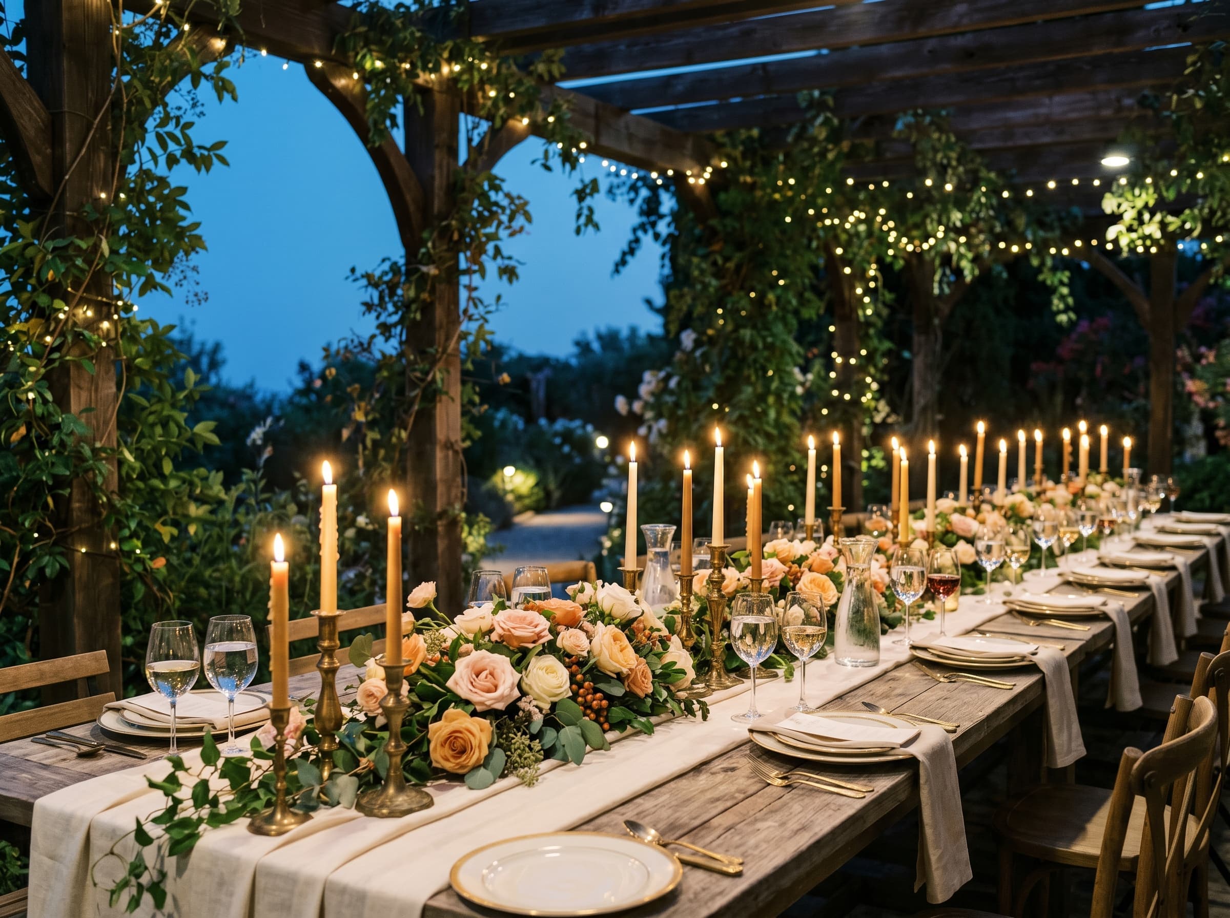 Candlelit dinner under a garden pergola threaded with garden roses and smilax