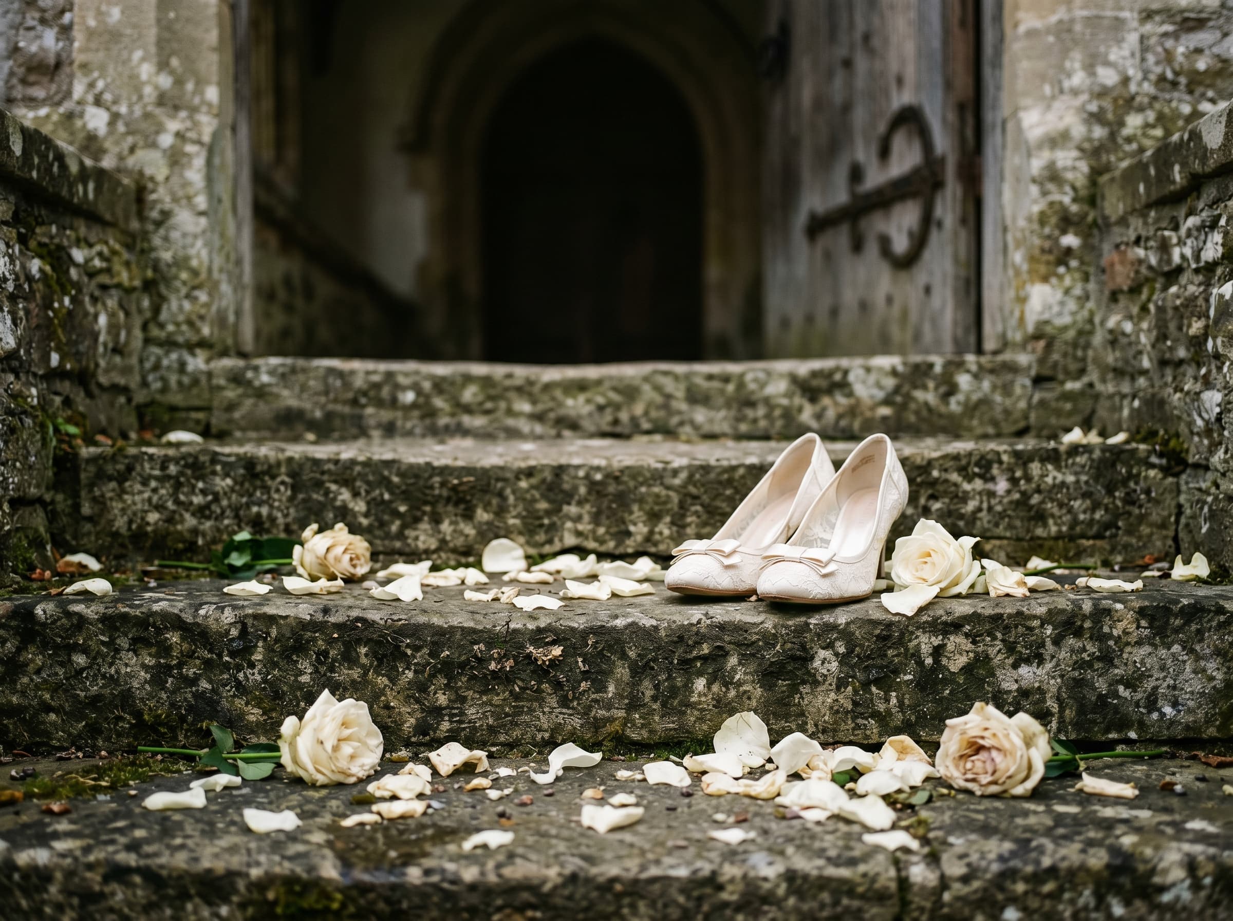 Cream petals and fallen rose heads on weathered stone chapel steps