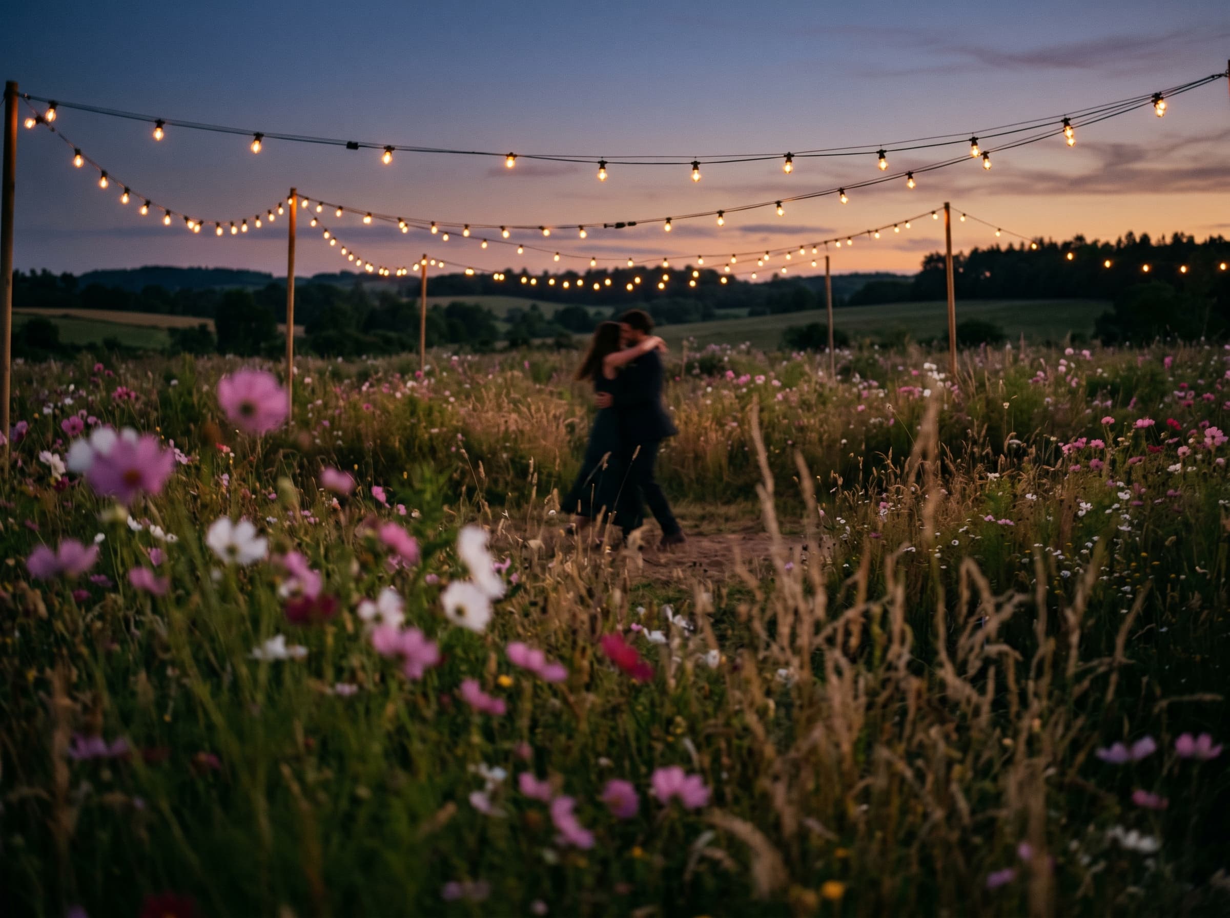 Couple slow dancing under bistro lights in a wildflower meadow at dusk