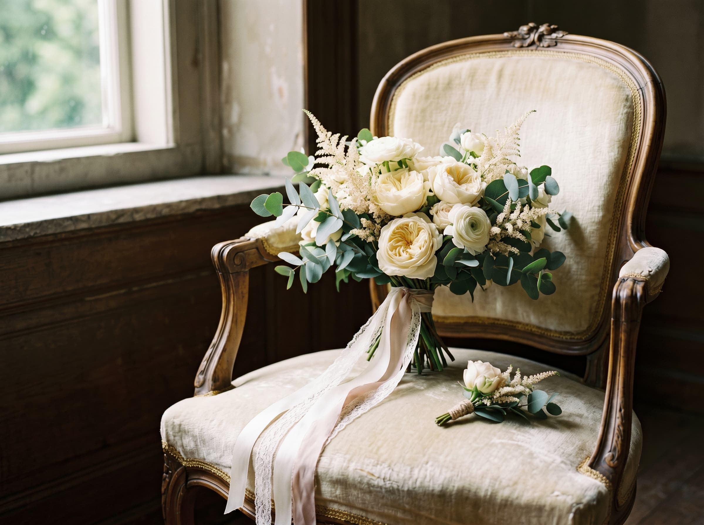 Bridal bouquet and boutonniere arranged on a cream velvet antique chair