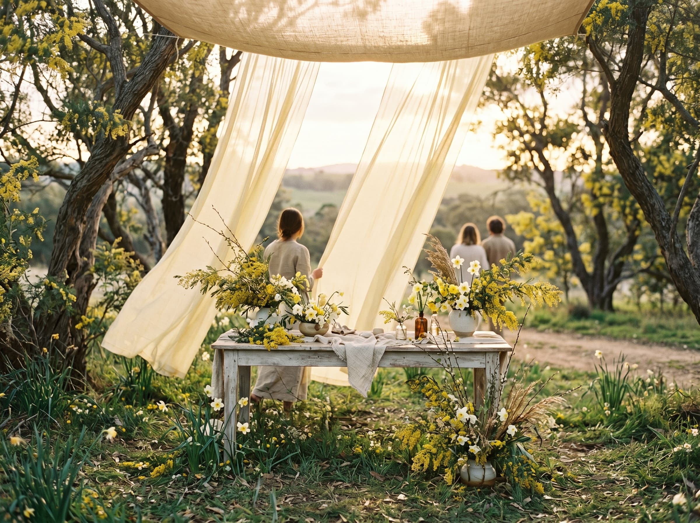 Butter-yellow ceremony scene with wattle trees and scattered daffodils