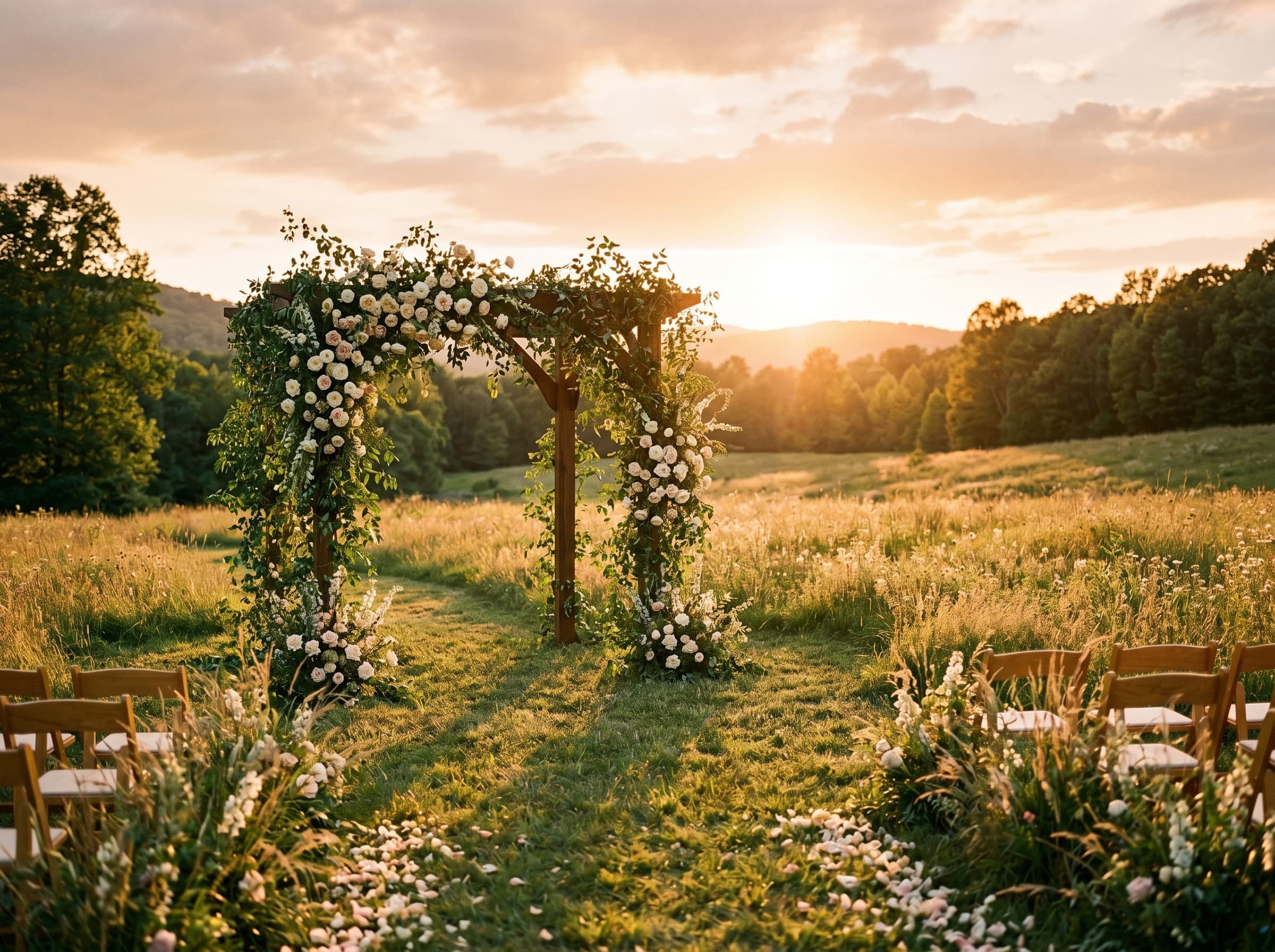 Empty ceremony arch draped in smilax and cream garden roses in a meadow at golden hour