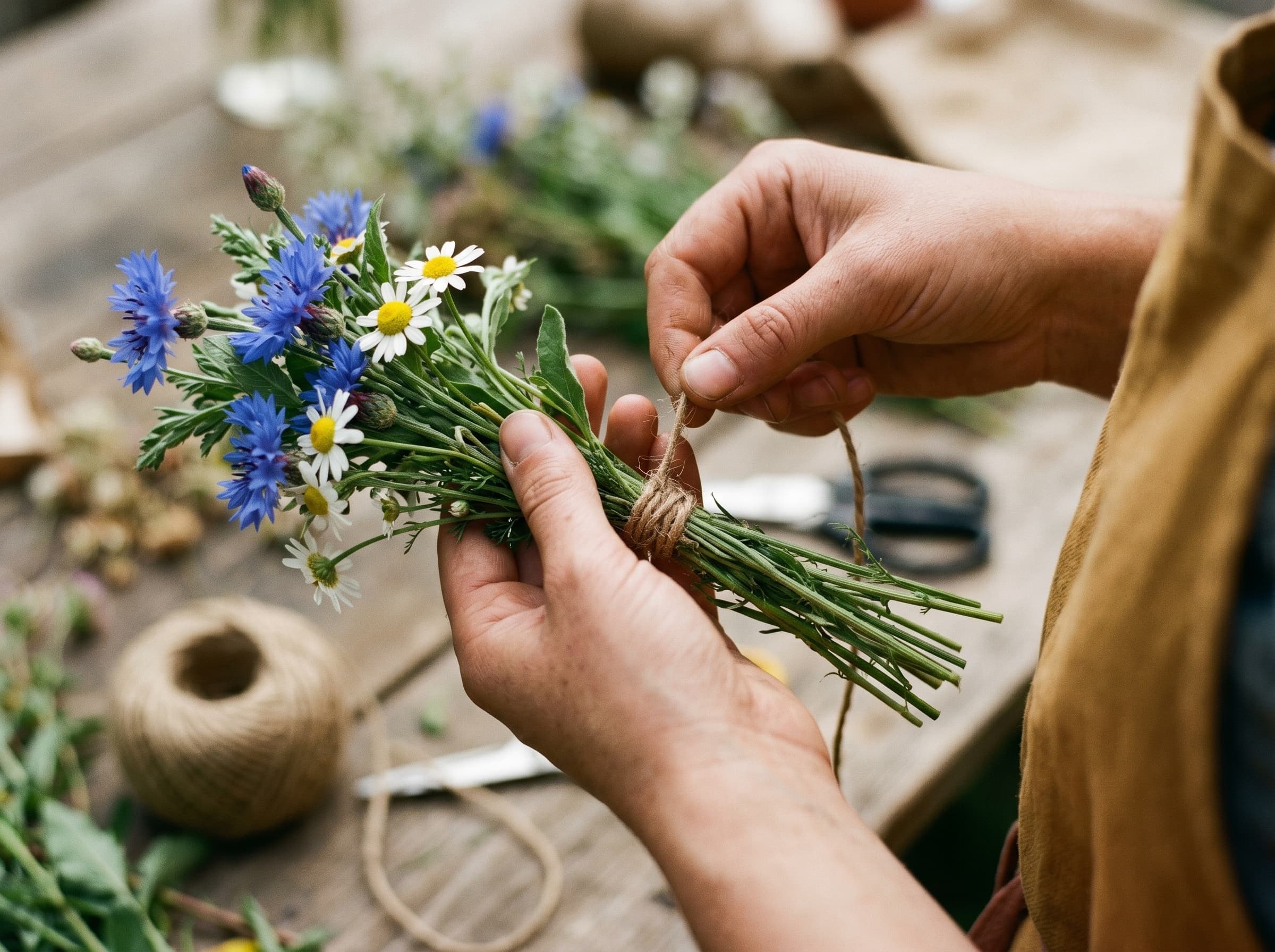 Close-up of student hands binding a bouquet with jute twine, cornflower and daisy stems