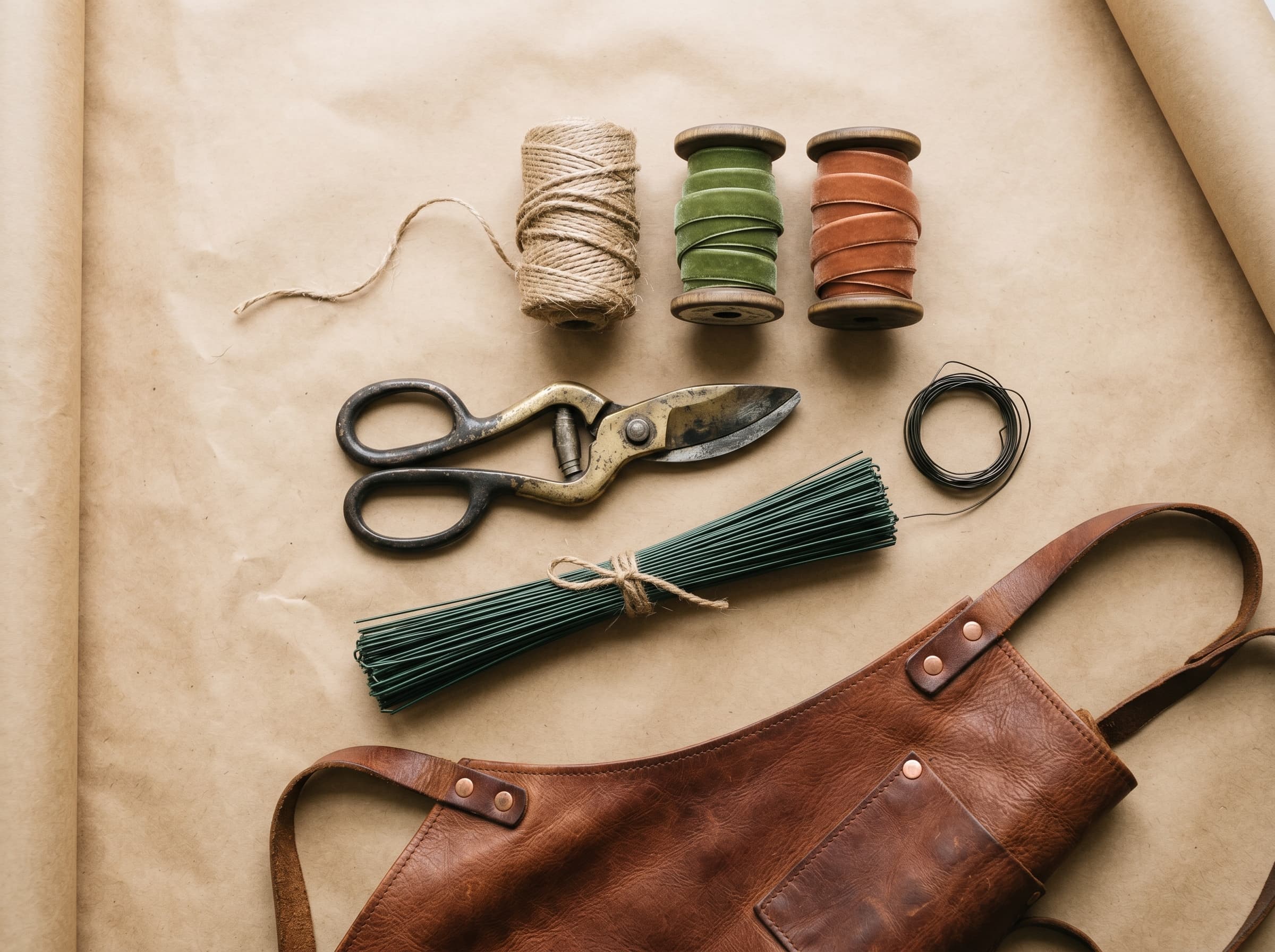 Flatlay of florist tools on tan craft paper: patinated brass shears, jute ribbon, floral wire, leather apron