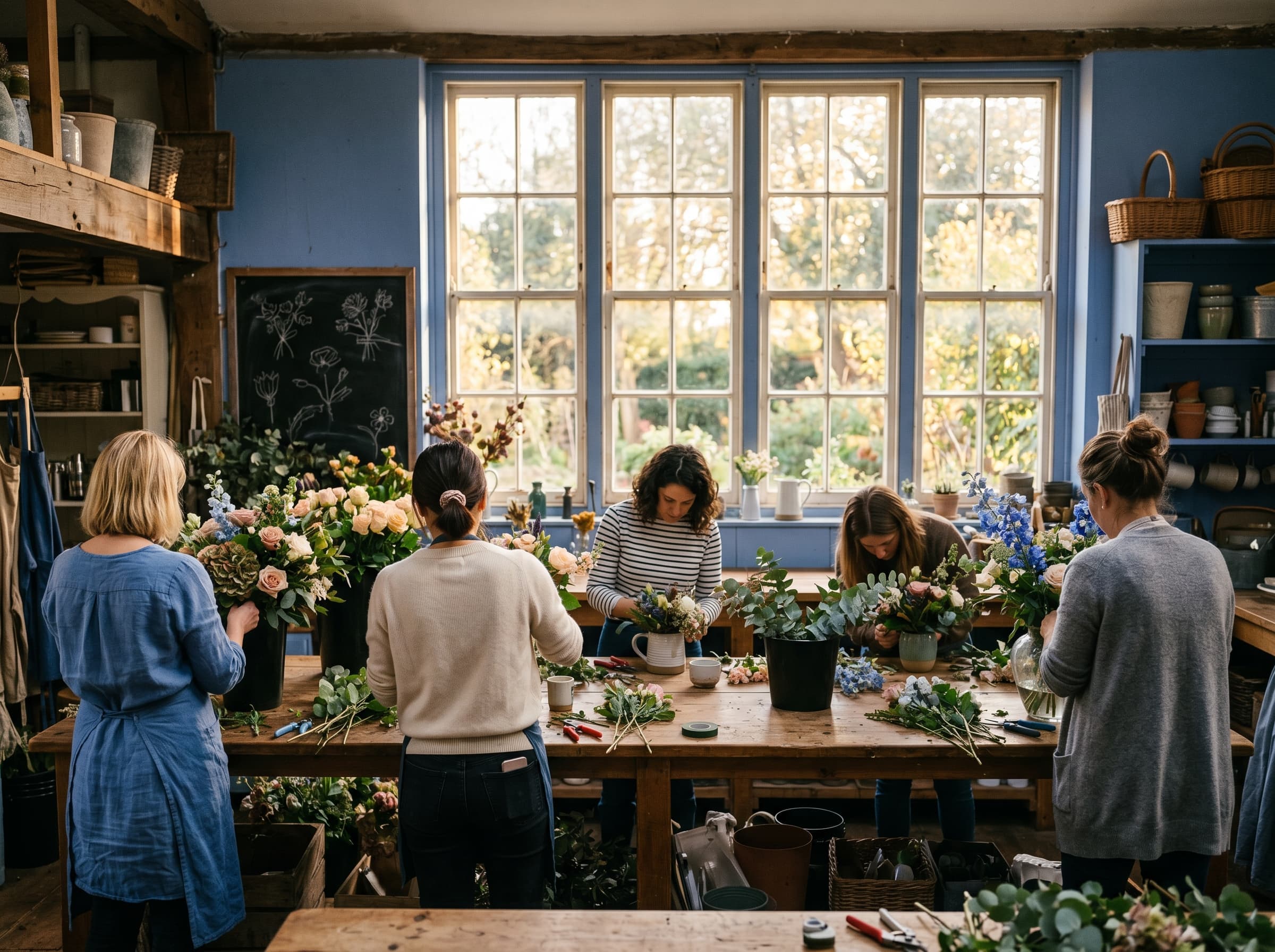 Wide workshop classroom with five student stations, flowers, tools, and vessels in warm afternoon light