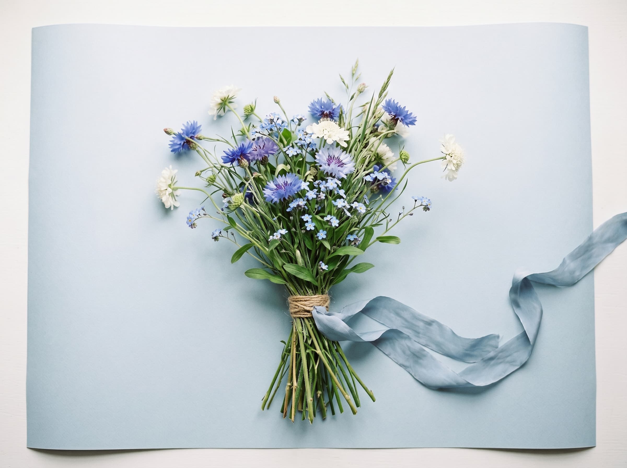 Overhead flat lay of a finished cornflower and forget-me-not bouquet with jute twine and silk ribbon