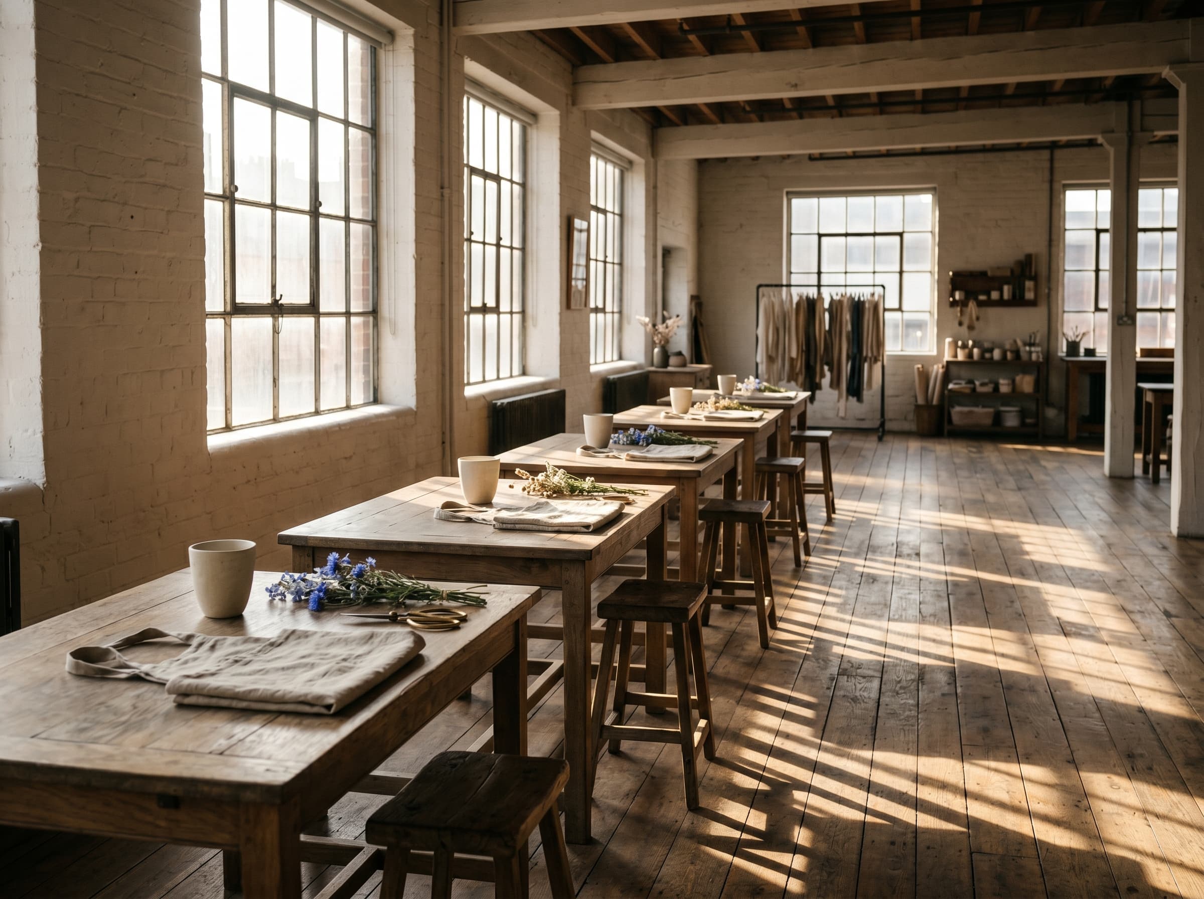 Empty workshop space with oak stations, bone vessels, and brass shears in morning light stripes