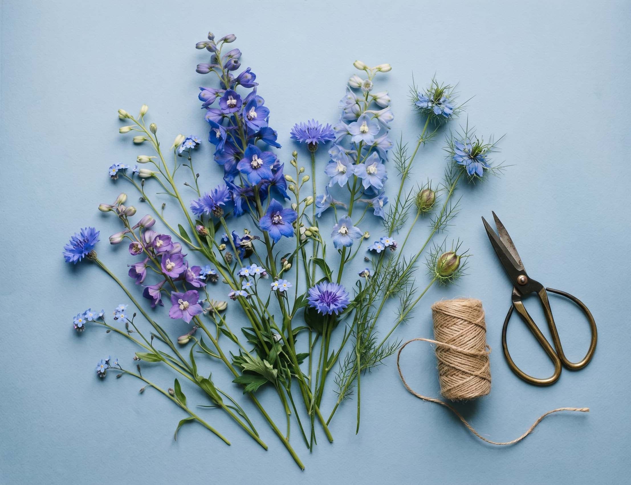 Overhead studio shot of loose spray of delphinium, cornflower, forget-me-nots, and nigella scattered across workbench