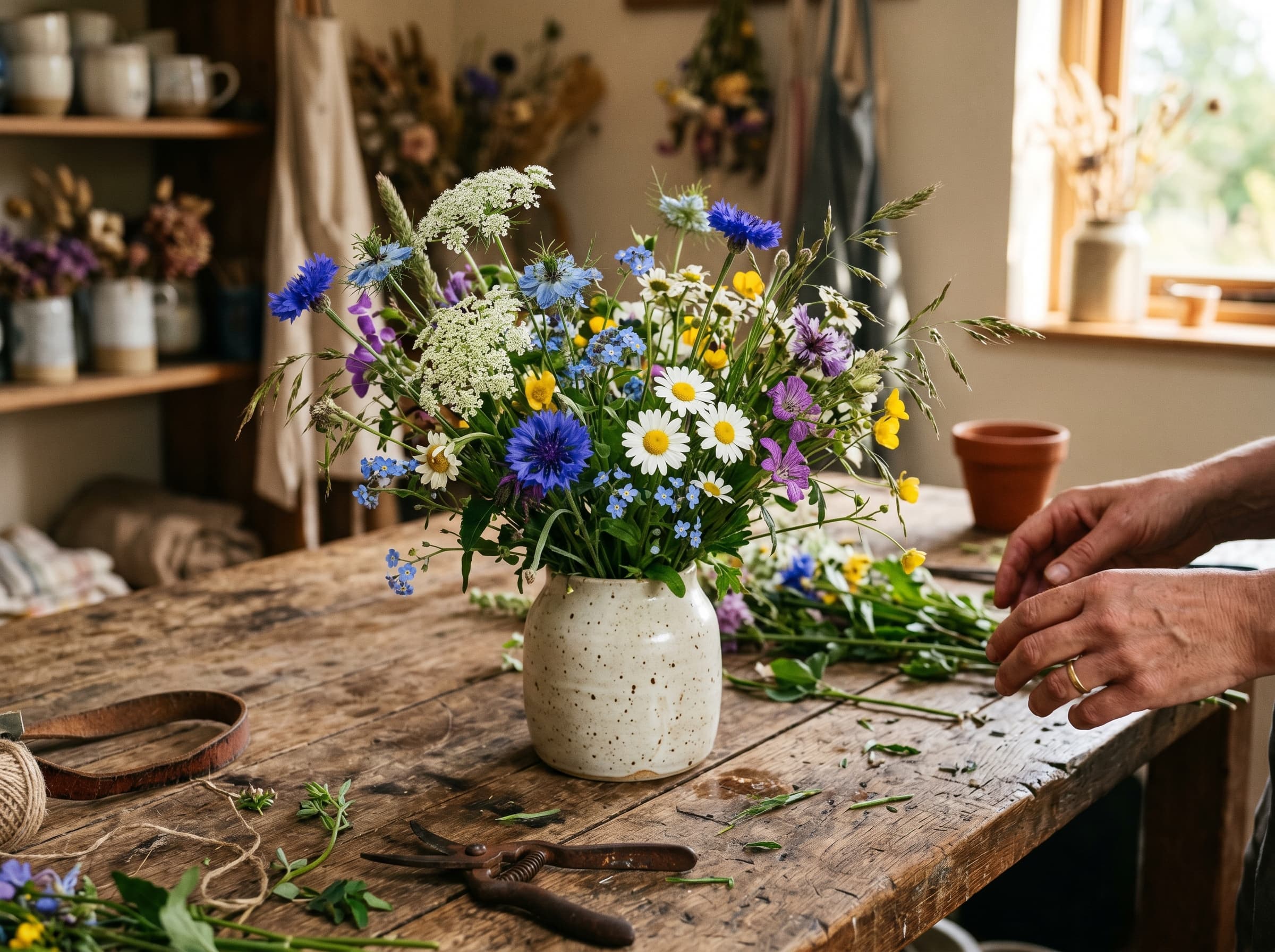 Asymmetric student arrangement of cornflower, daisy, and wildflowers in a bone ceramic vessel on oak workstation