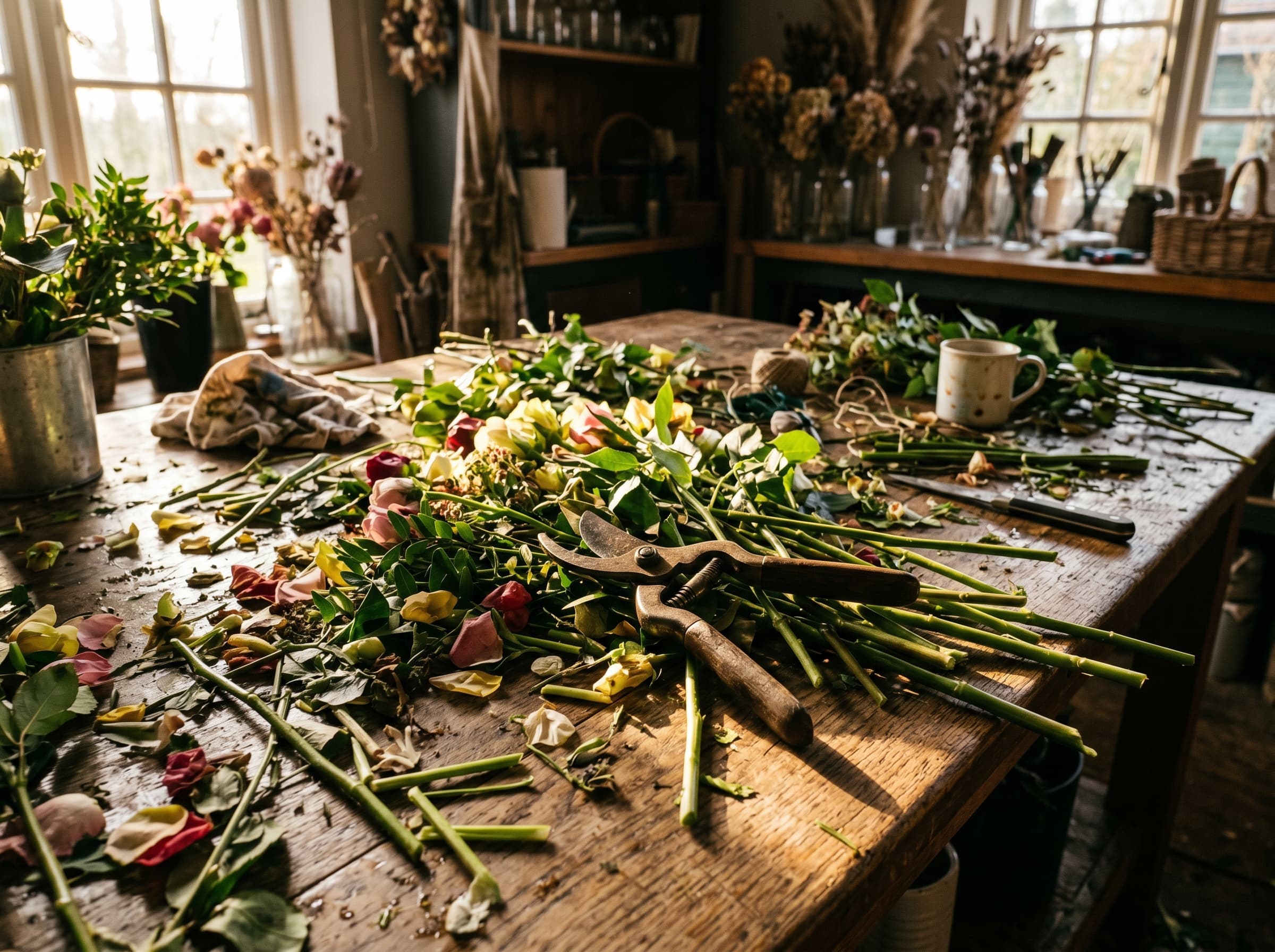 End-of-day workbench with trimmed stems, fallen petals, and brass shears on weathered oak
