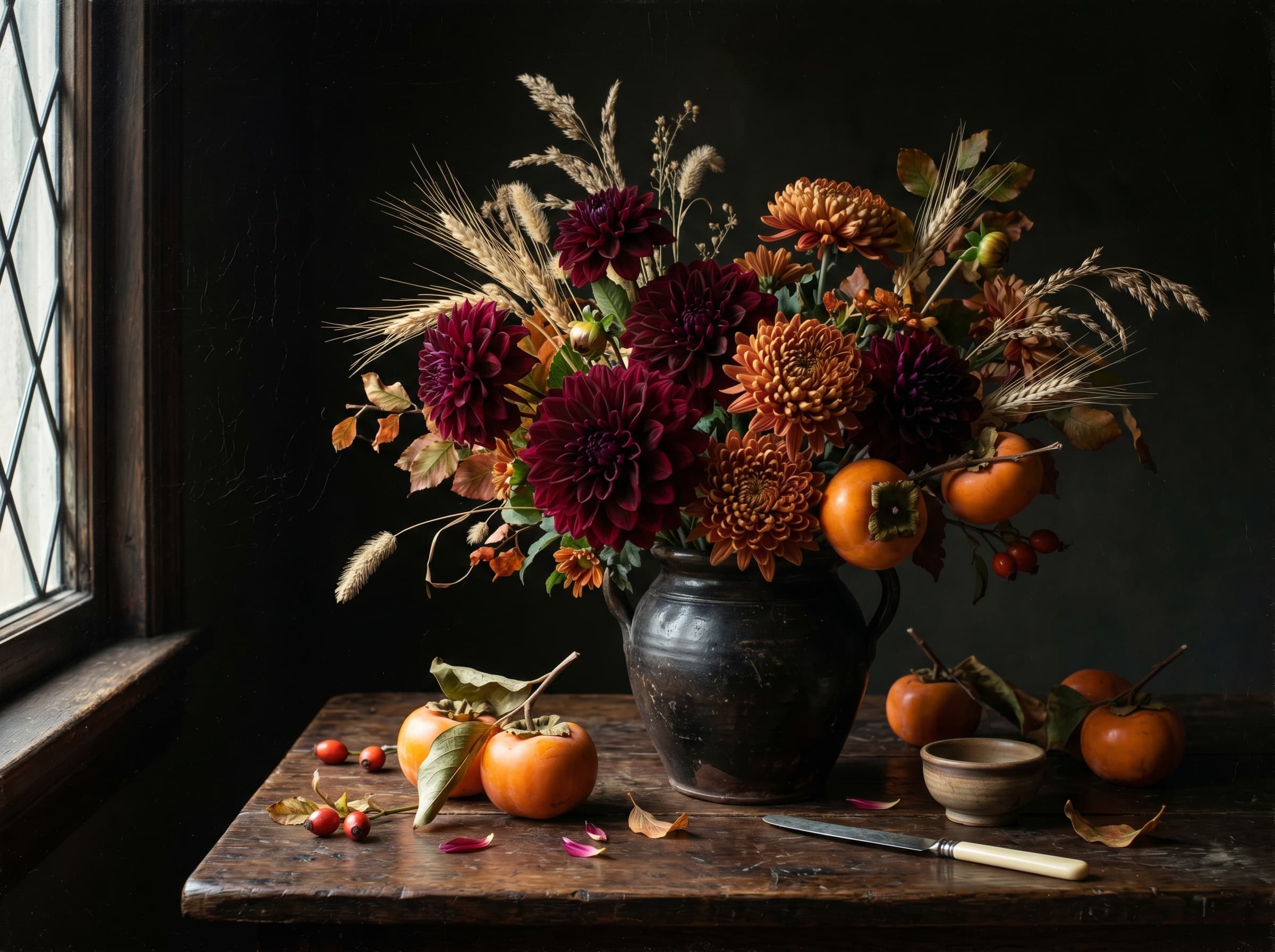 Autumn still life with warm-toned blooms, brass tools, and scattered petals