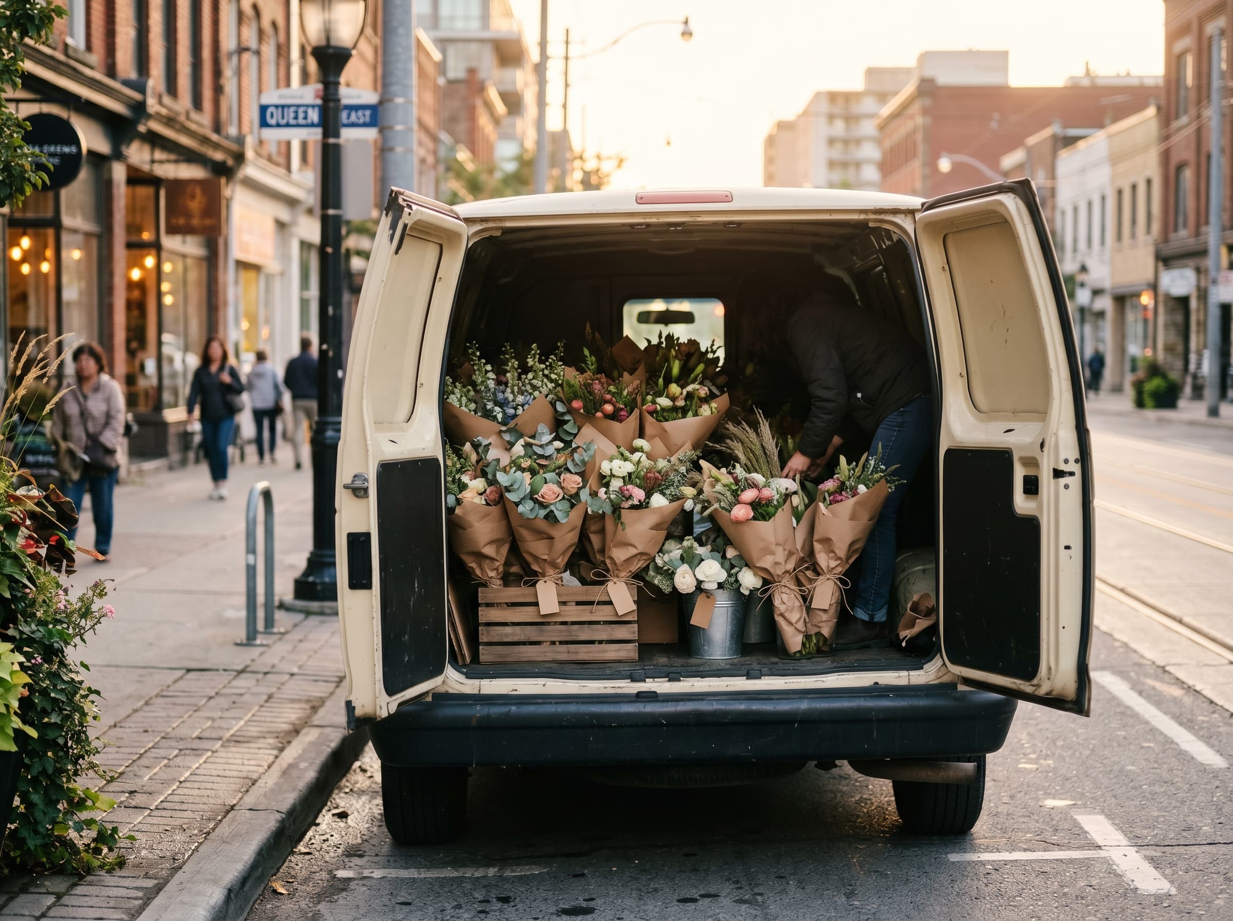 Studio delivery van parked at dawn outside the flower market