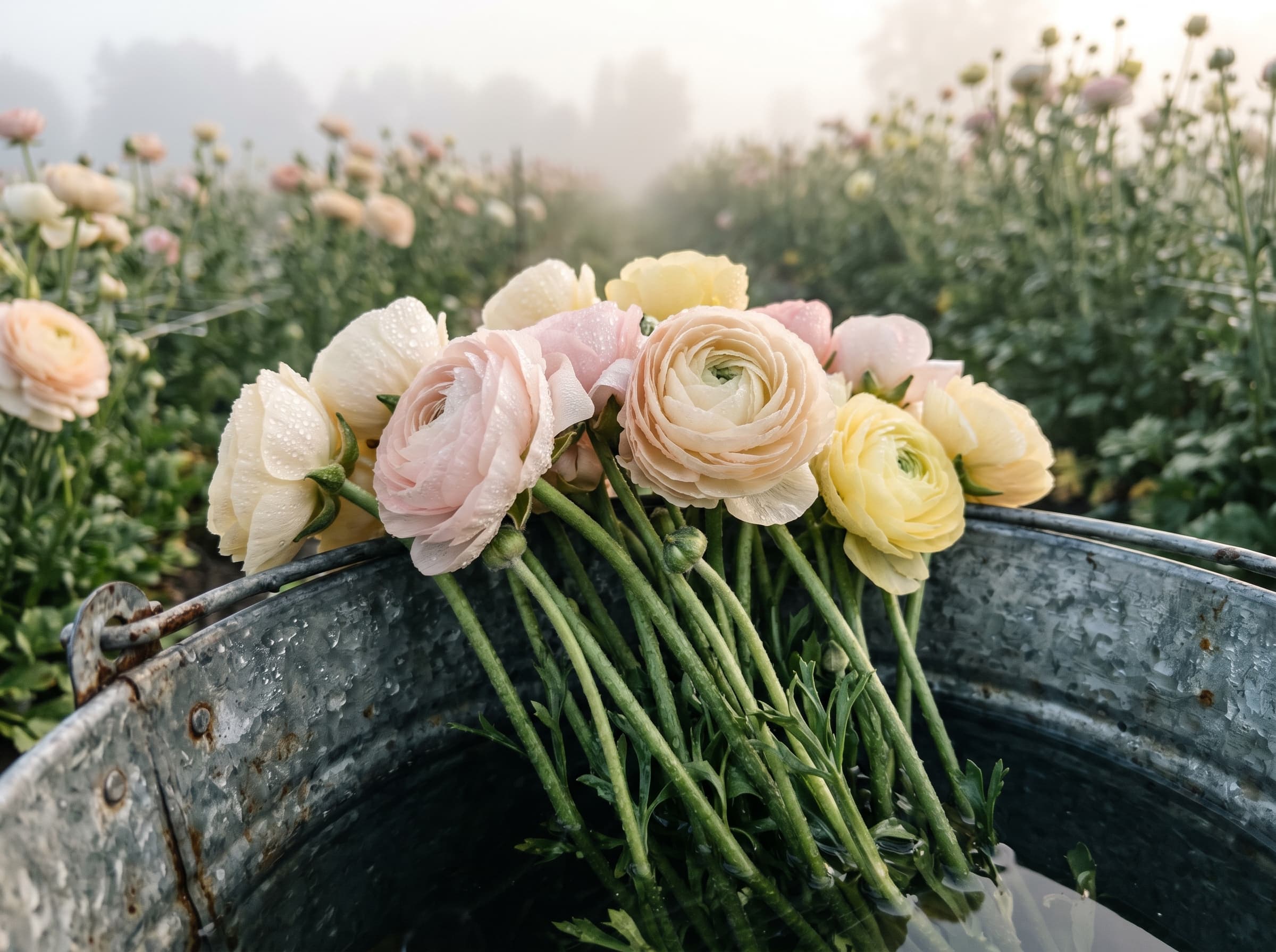 Cream and blush ranunculus laid on weathered oak in morning sidelight