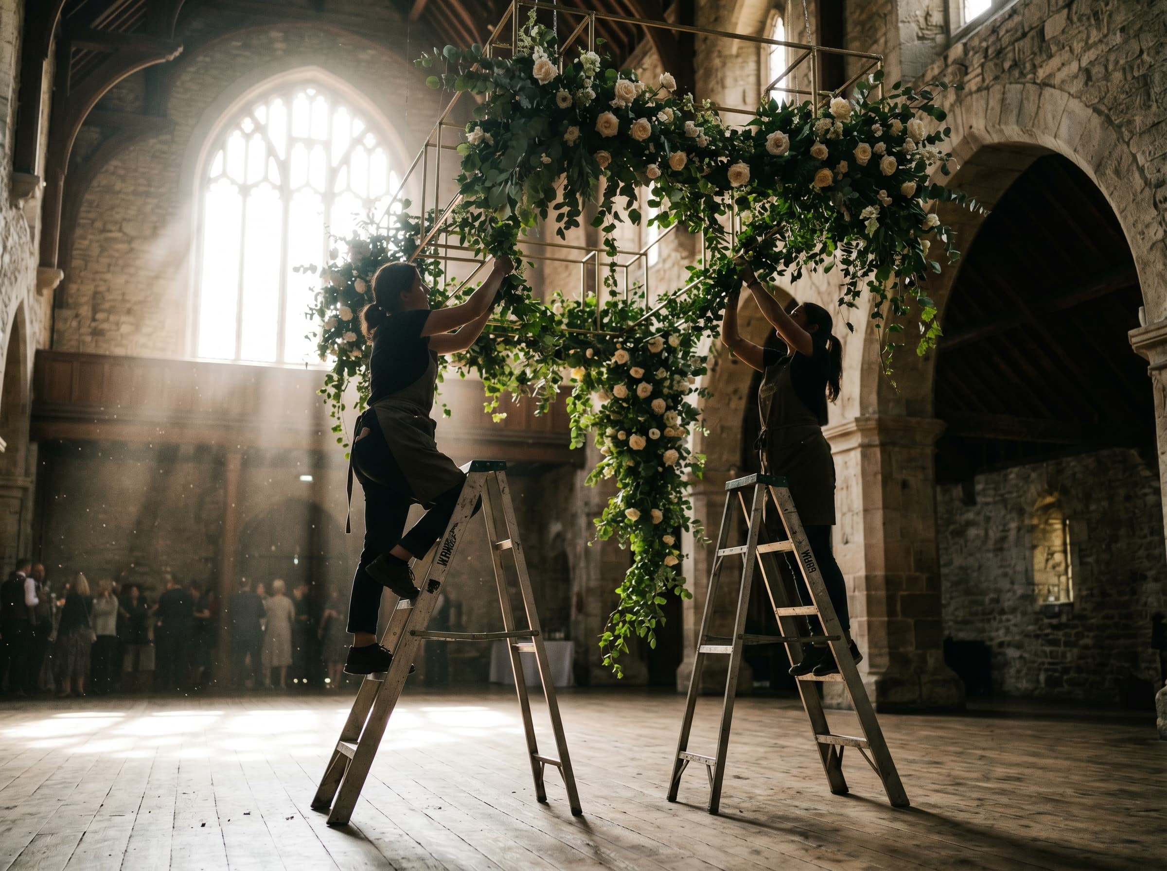 Large-scale floral installation cascading from a brass armature in a hotel lobby