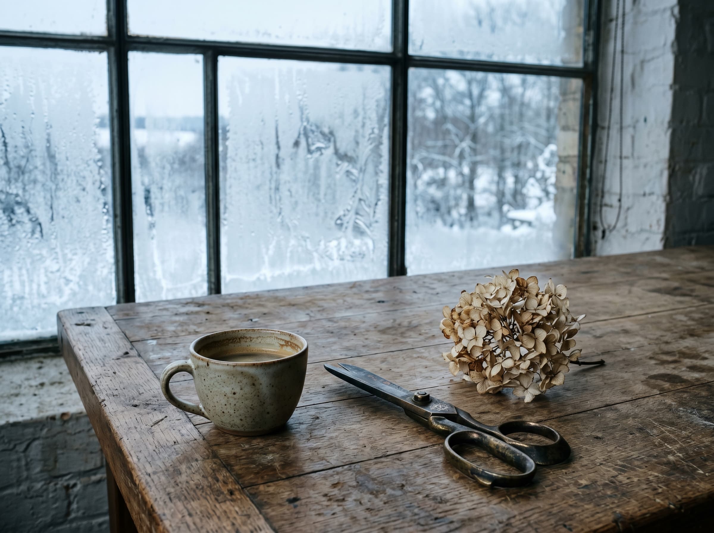 Sparse winter arrangement on a workbench with hard directional light