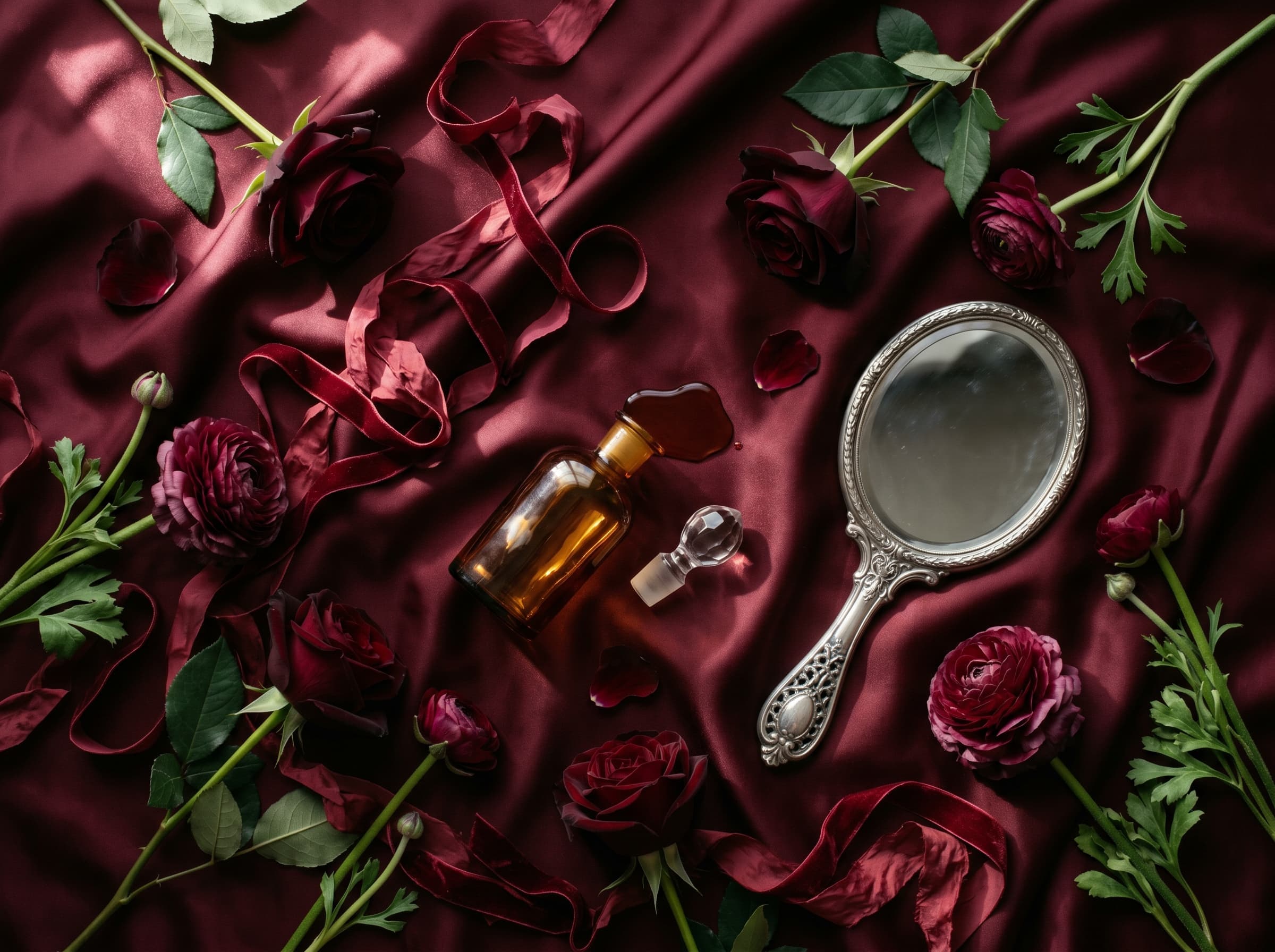 Overhead editorial flatlay on oxblood silk with burgundy ranunculus and black baccara roses