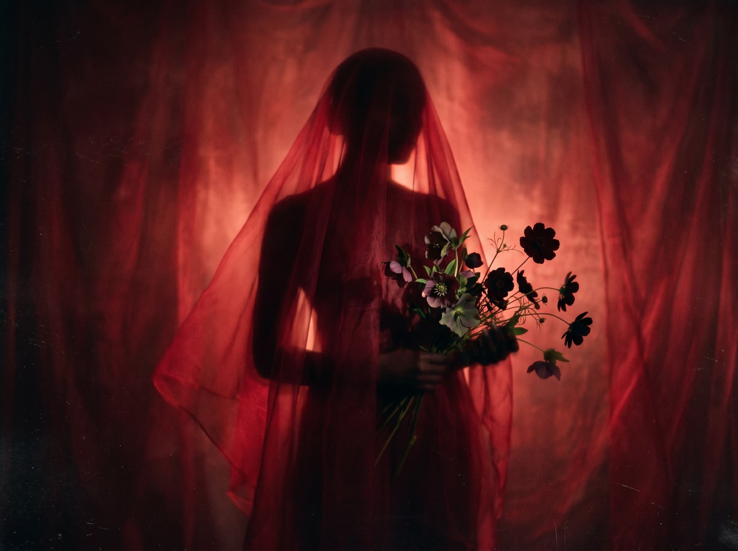 Silhouetted figure behind translucent crimson silk veil with hellebores and dark cosmos, backlit