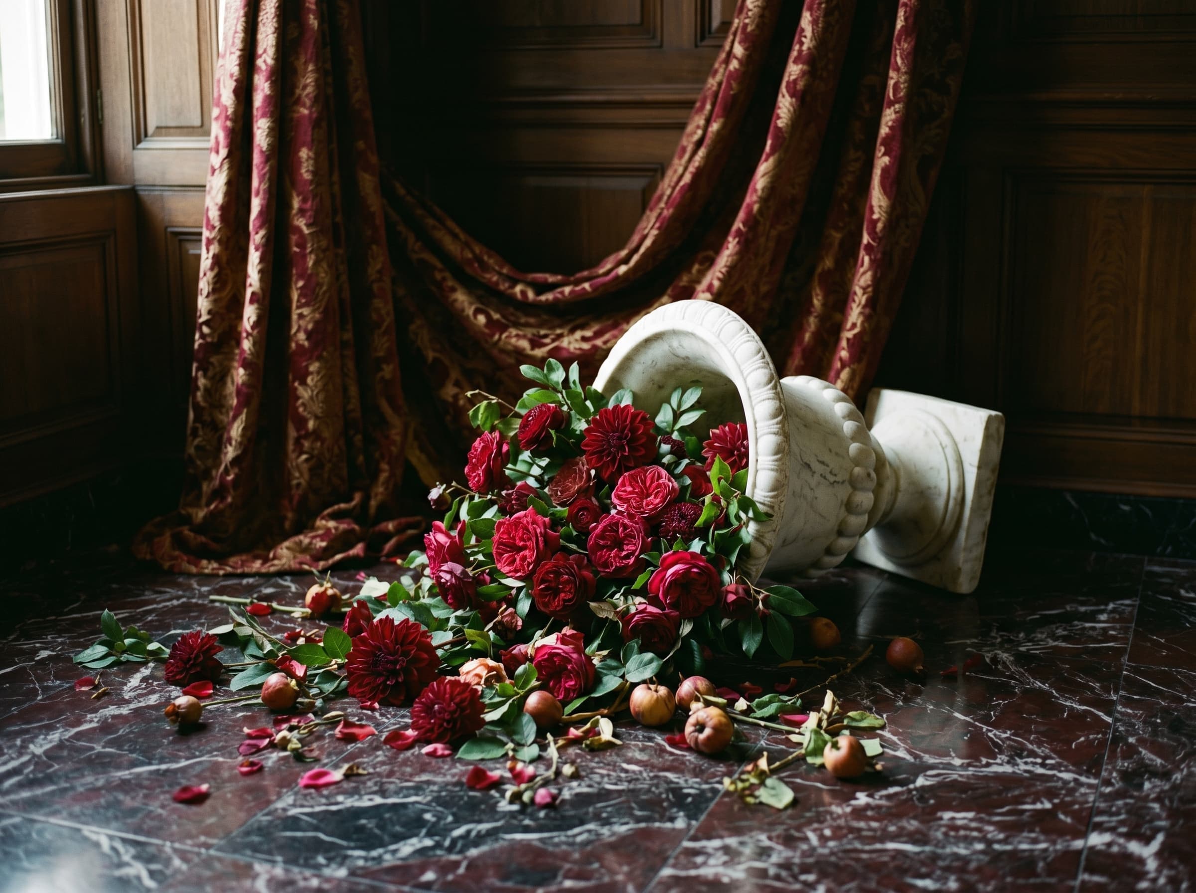 Editorial styled set with white classical urn, crimson garden roses, and oxblood marble floor