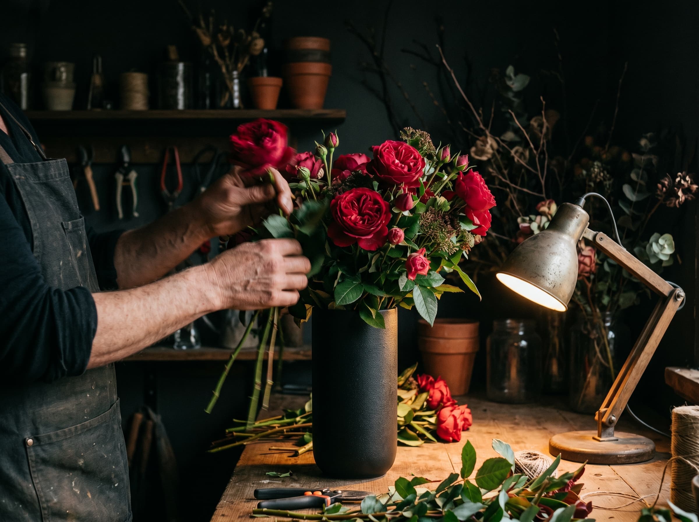 Florist's hands arranging crimson garden roses in a matte black vessel, dimly lit studio
