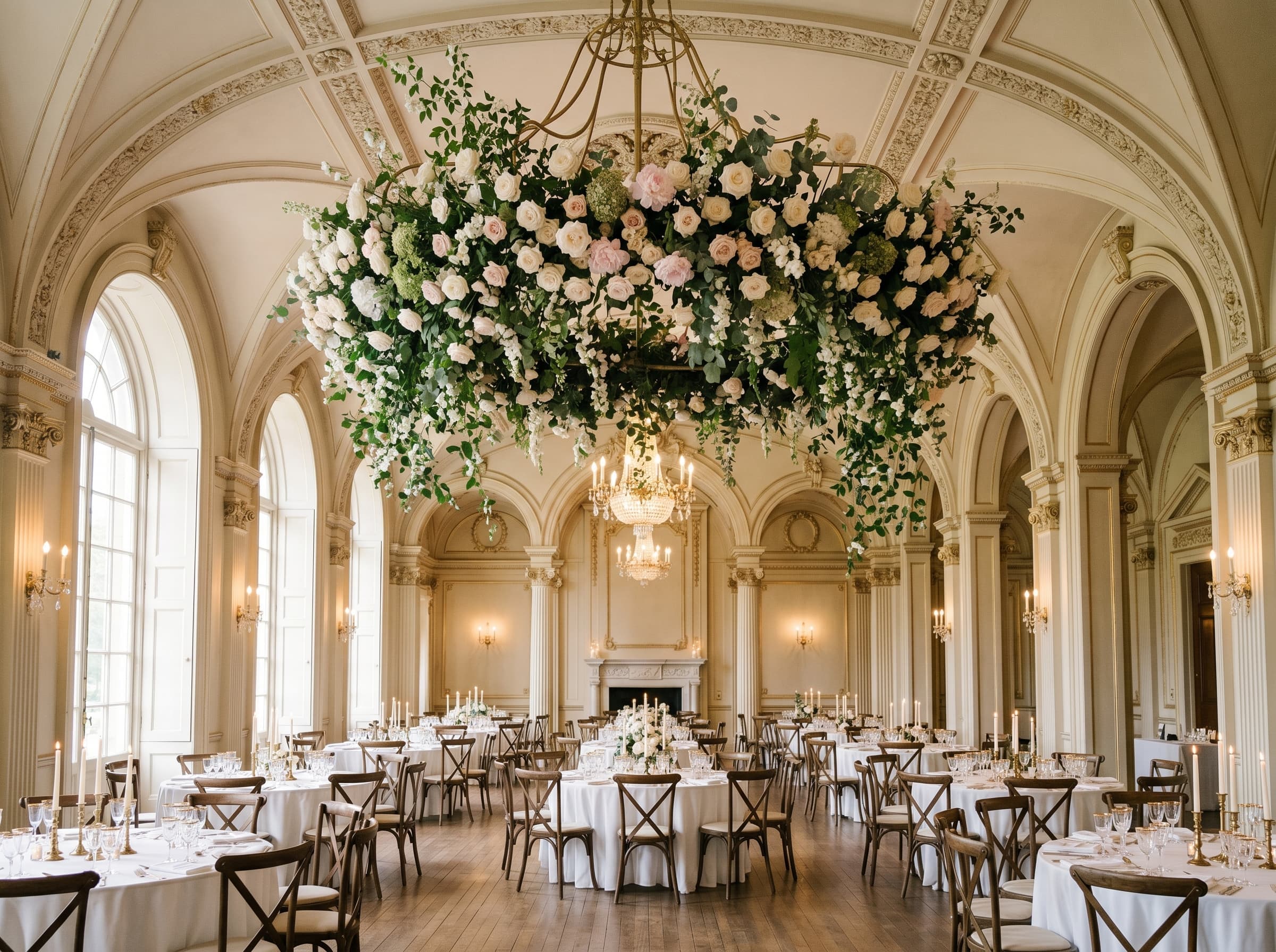 Wide architectural interior with floral installation of cream garden roses and gilded brass armature