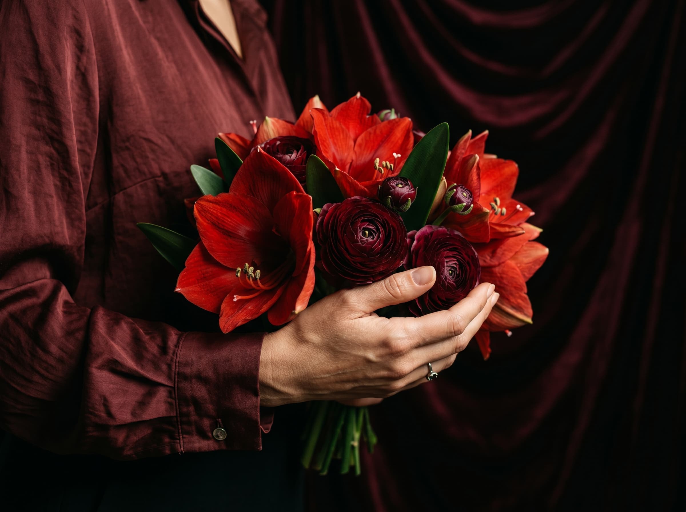 Hand cradling scarlet amaryllis and deep burgundy ranunculus, dramatic editorial close-up