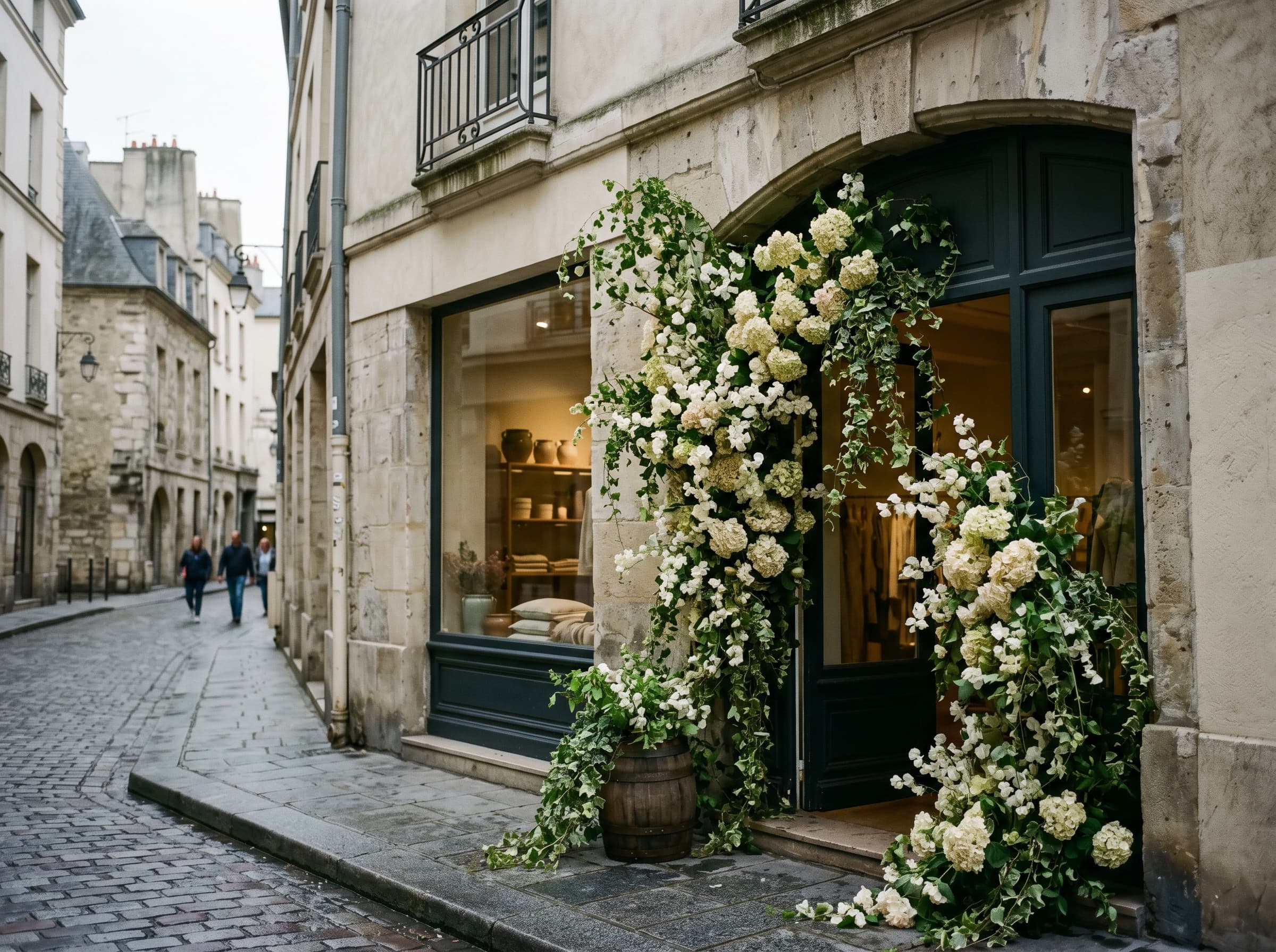 Retail pop-up storefront window with overflowing floral installation of cream hydrangea and trailing ivy