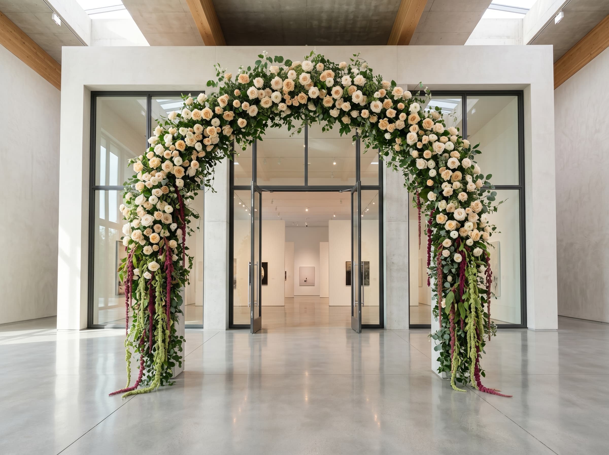 Sweeping floral arch in a contemporary art gallery with cream champagne garden roses and trailing amaranthus