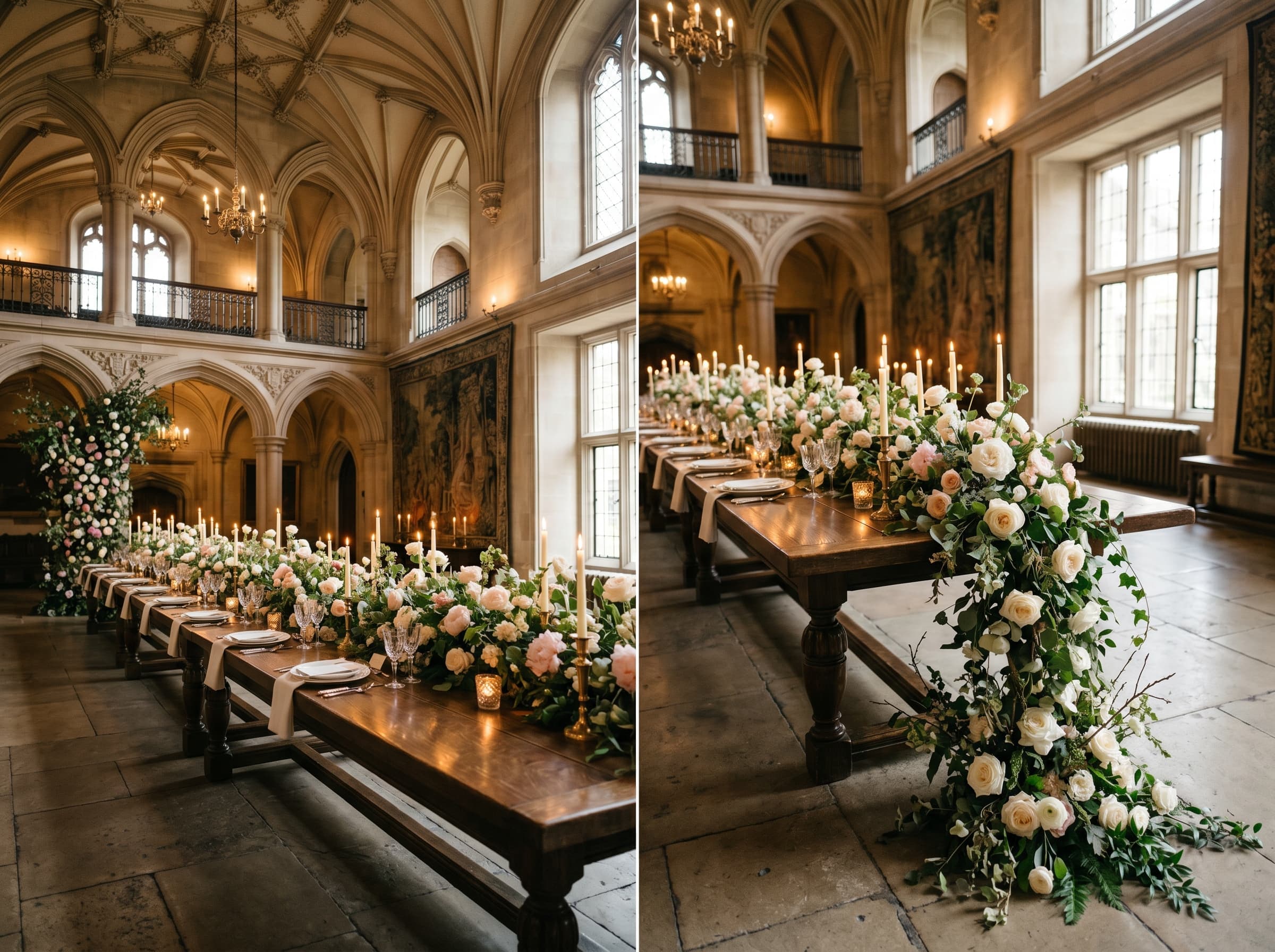 Expansive banquet hall with sweeping floral runner of cream garden roses and wild greenery
