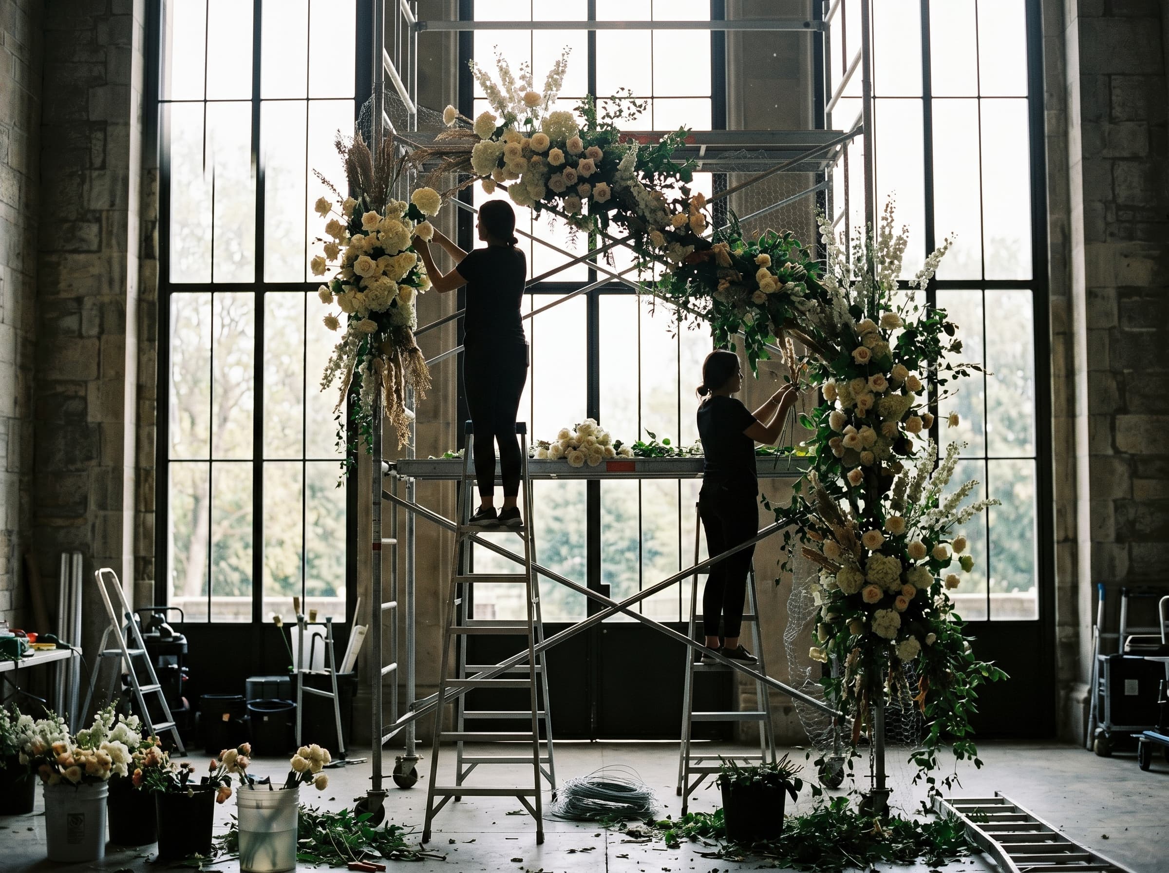 Behind-the-scenes floral installation in progress, florists on scaffolding silhouetted against bright windows