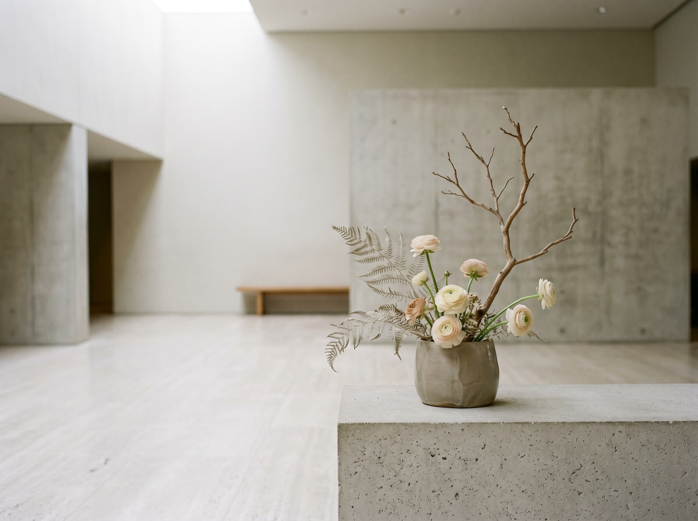 Ikebana-inspired arrangement of pale ranunculus and bleached fern on a concrete plinth in a minimal hotel lobby