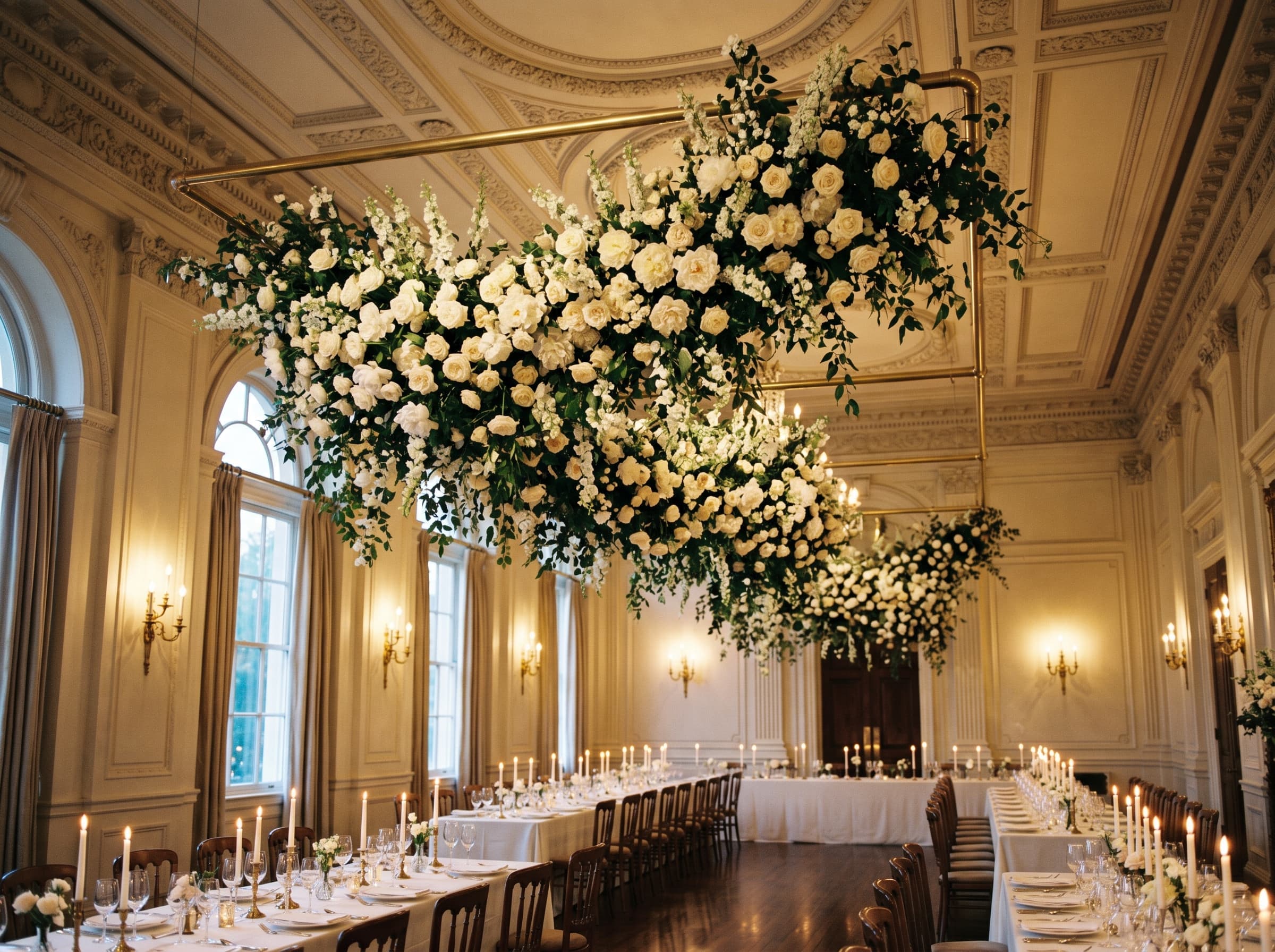 Enormous ceiling-suspended floral installation of cream garden roses, peonies, and trailing greenery