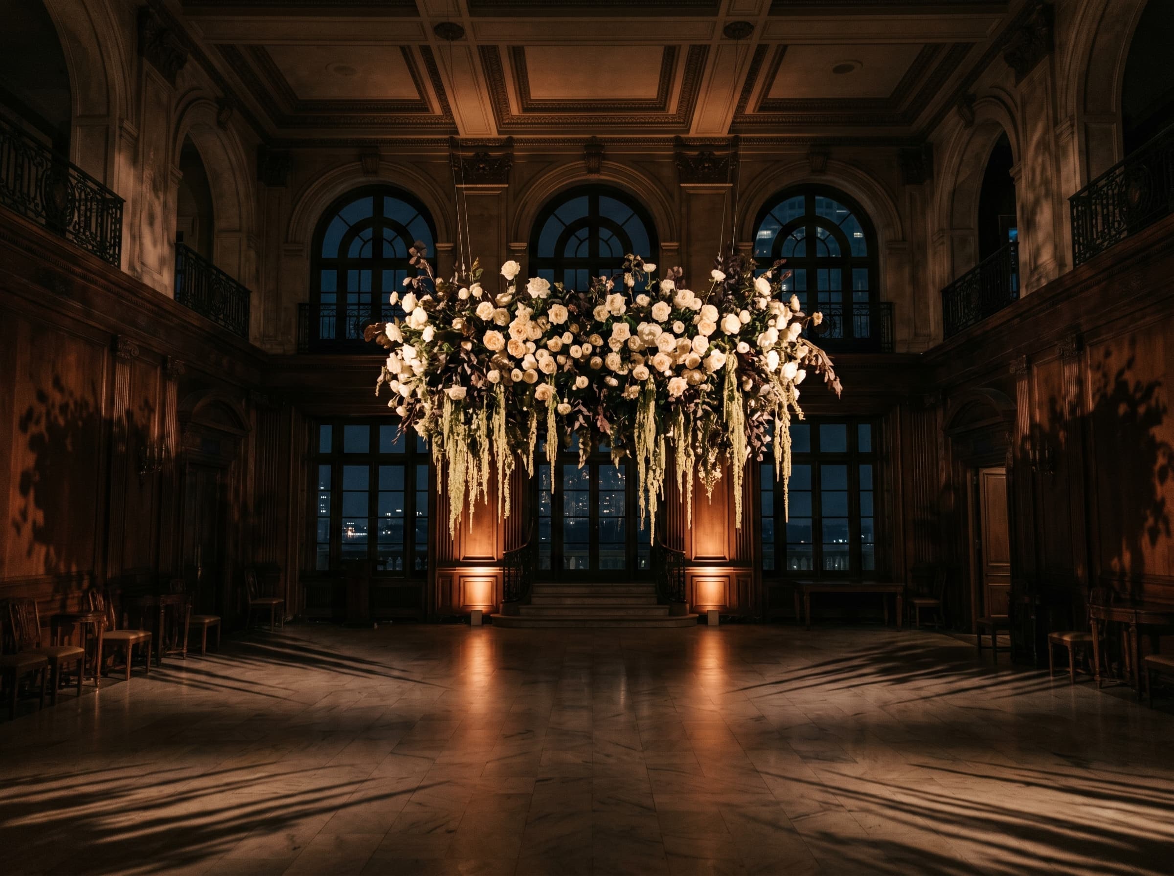 Suspended floral installation of cream roses in a grand reception room at night, dramatic uplighting