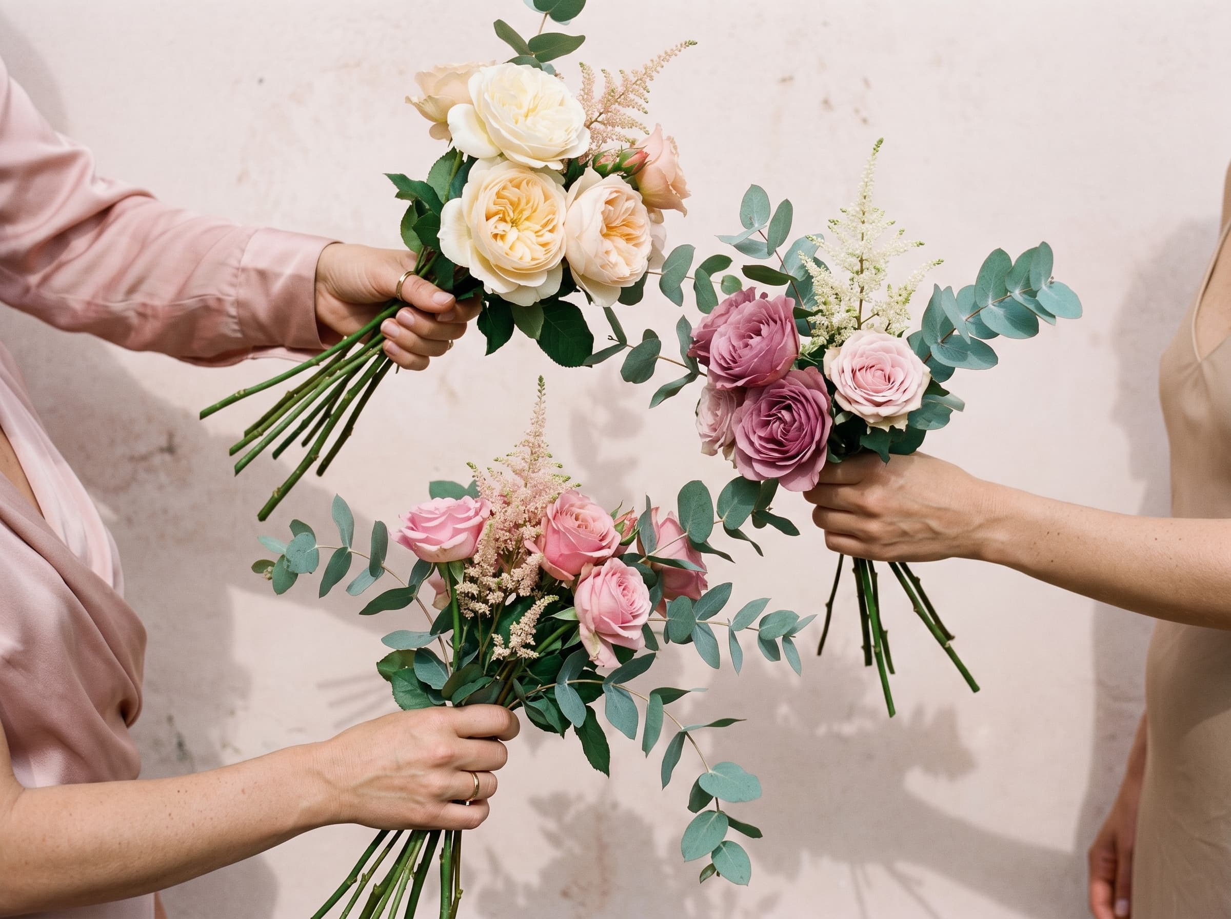 Three pairs of hands holding blush and cream bouquets with eucalyptus