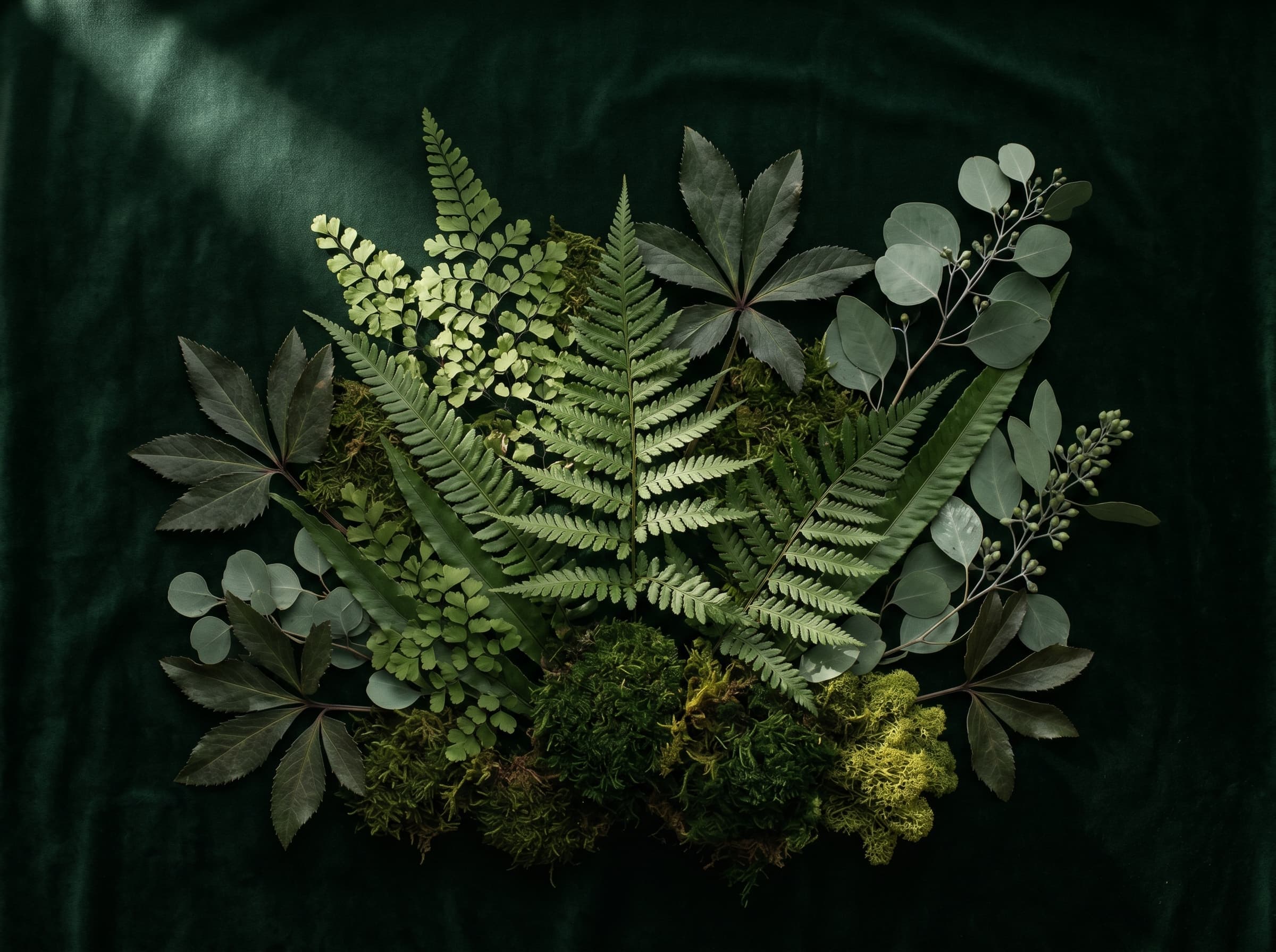 Dark botanical arrangement of ferns, moss, and eucalyptus on deep green velvet