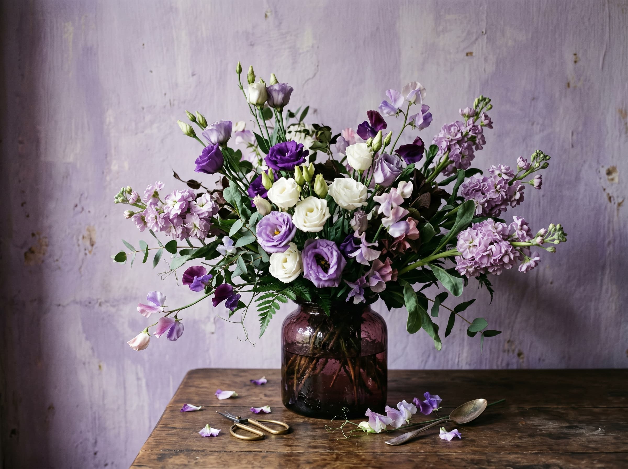 Lush spring arrangement of lilac, lisianthus, and sweet pea in a plum glass vase