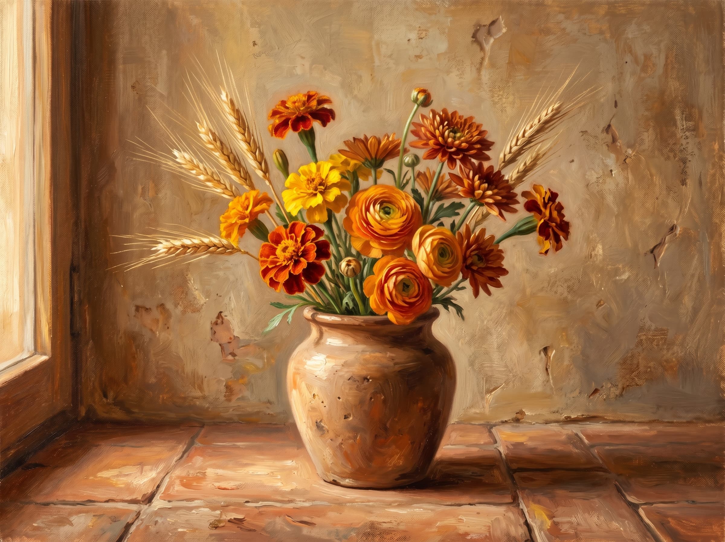 Painterly autumn arrangement of marigolds, ranunculus, and wheat in a terracotta vessel