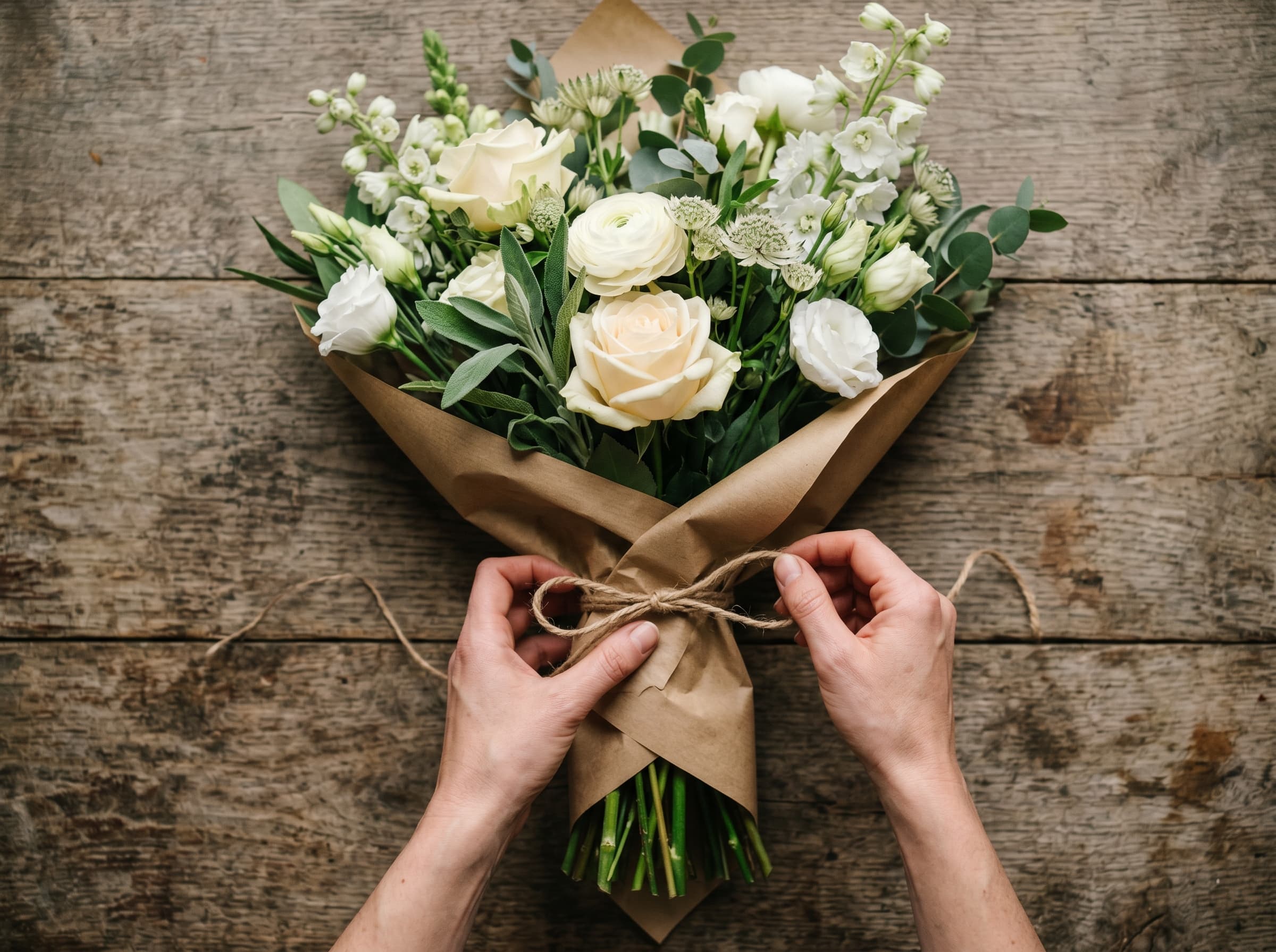 Hands tying jute twine around a cream bouquet wrapped in kraft paper on a weathered oak table