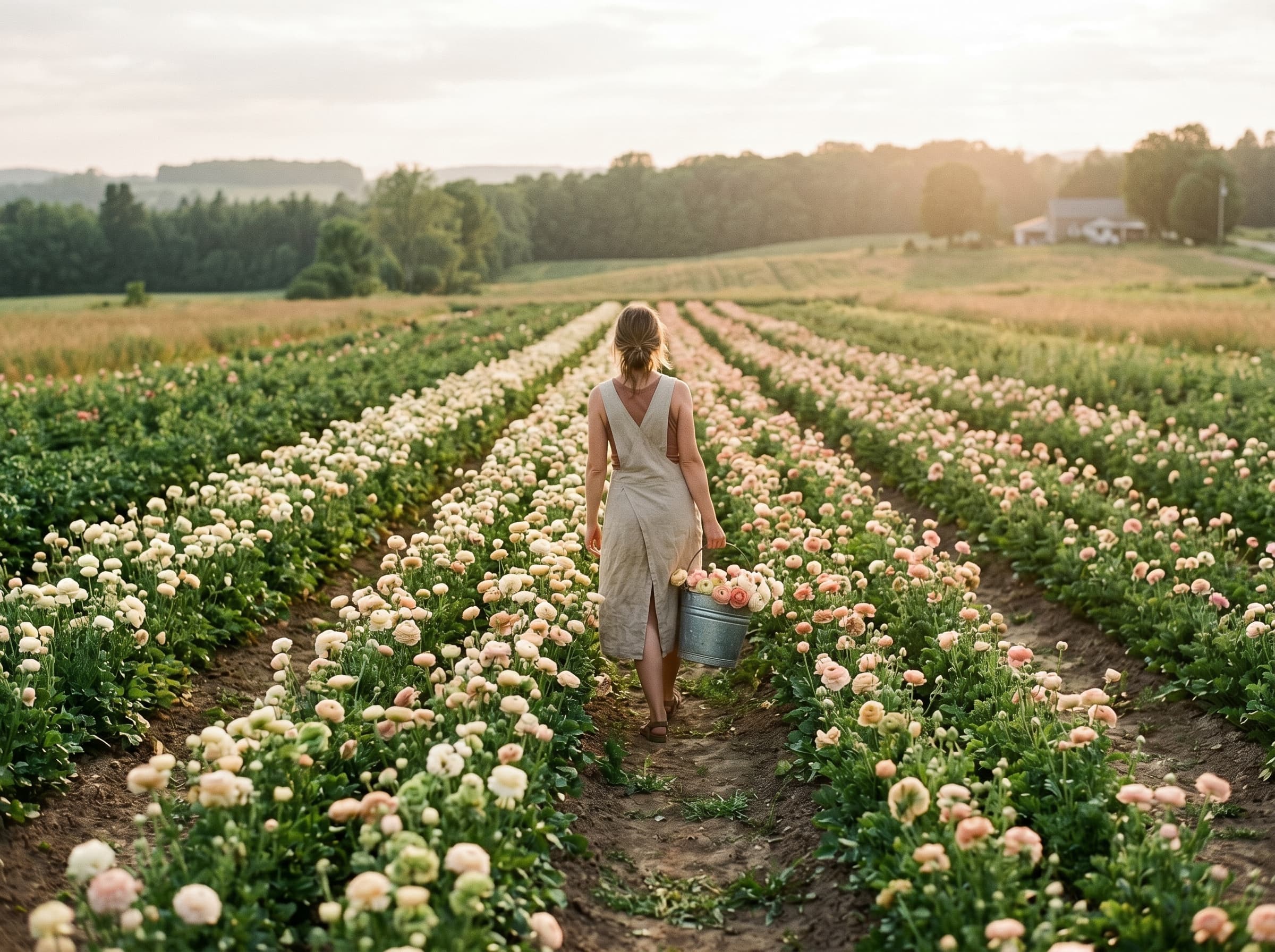Ontario flower field of cream and blush ranunculus at golden hour