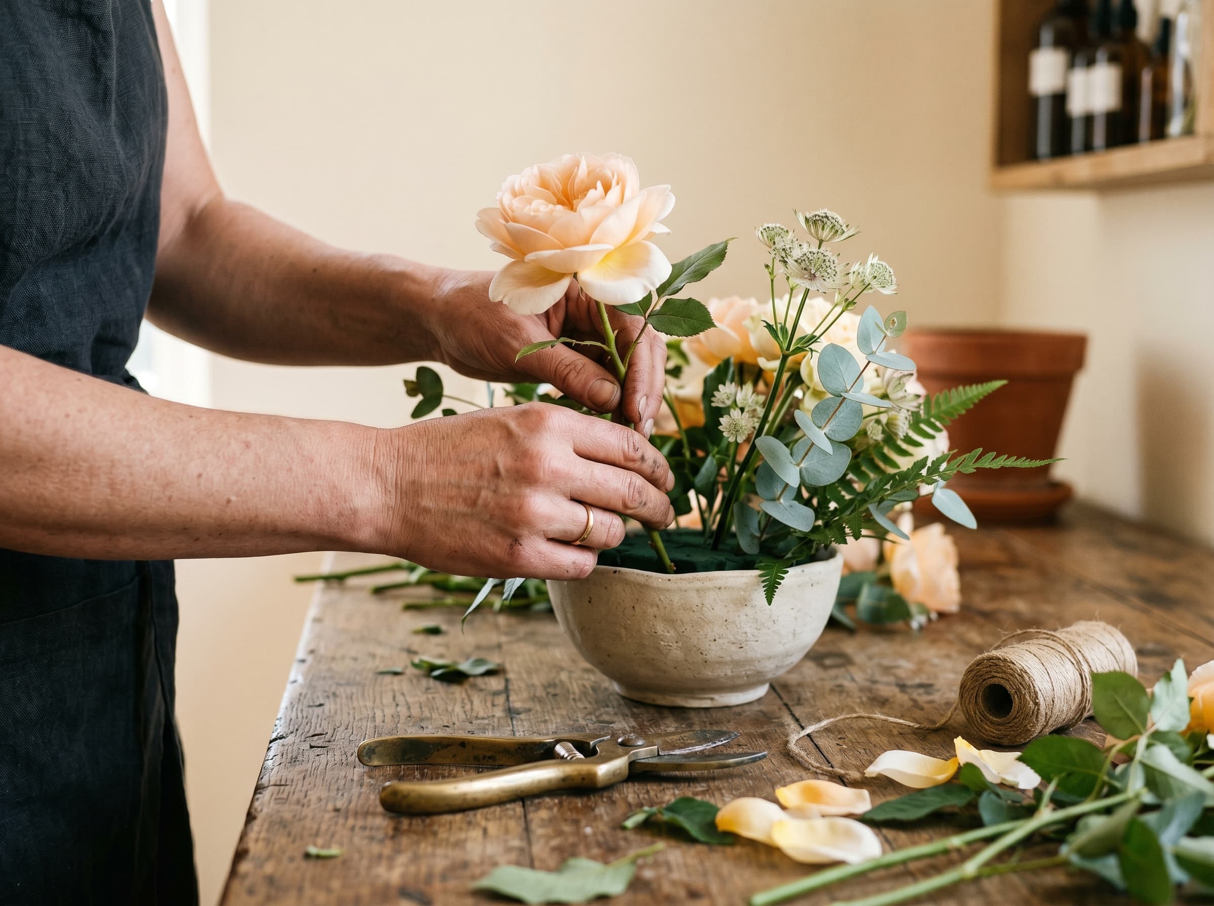 Florist's hands arranging a garden rose in a bone ceramic vessel on a weathered oak workbench