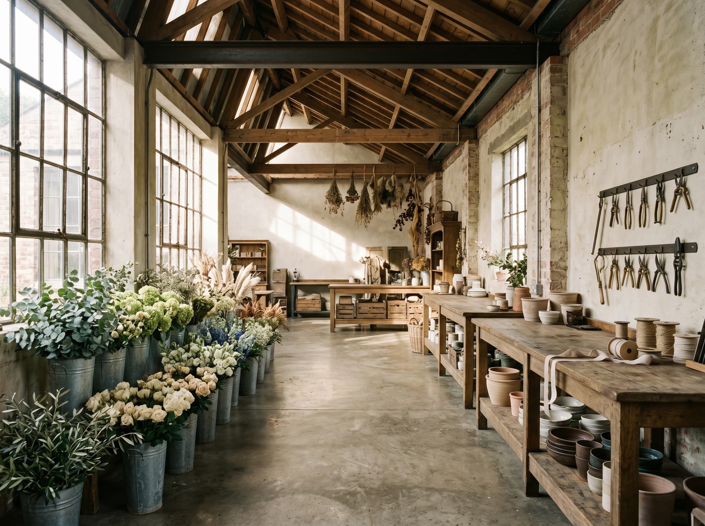 Wide floral studio interior with concrete floor, galvanized buckets of stems, and oak work tables in morning light