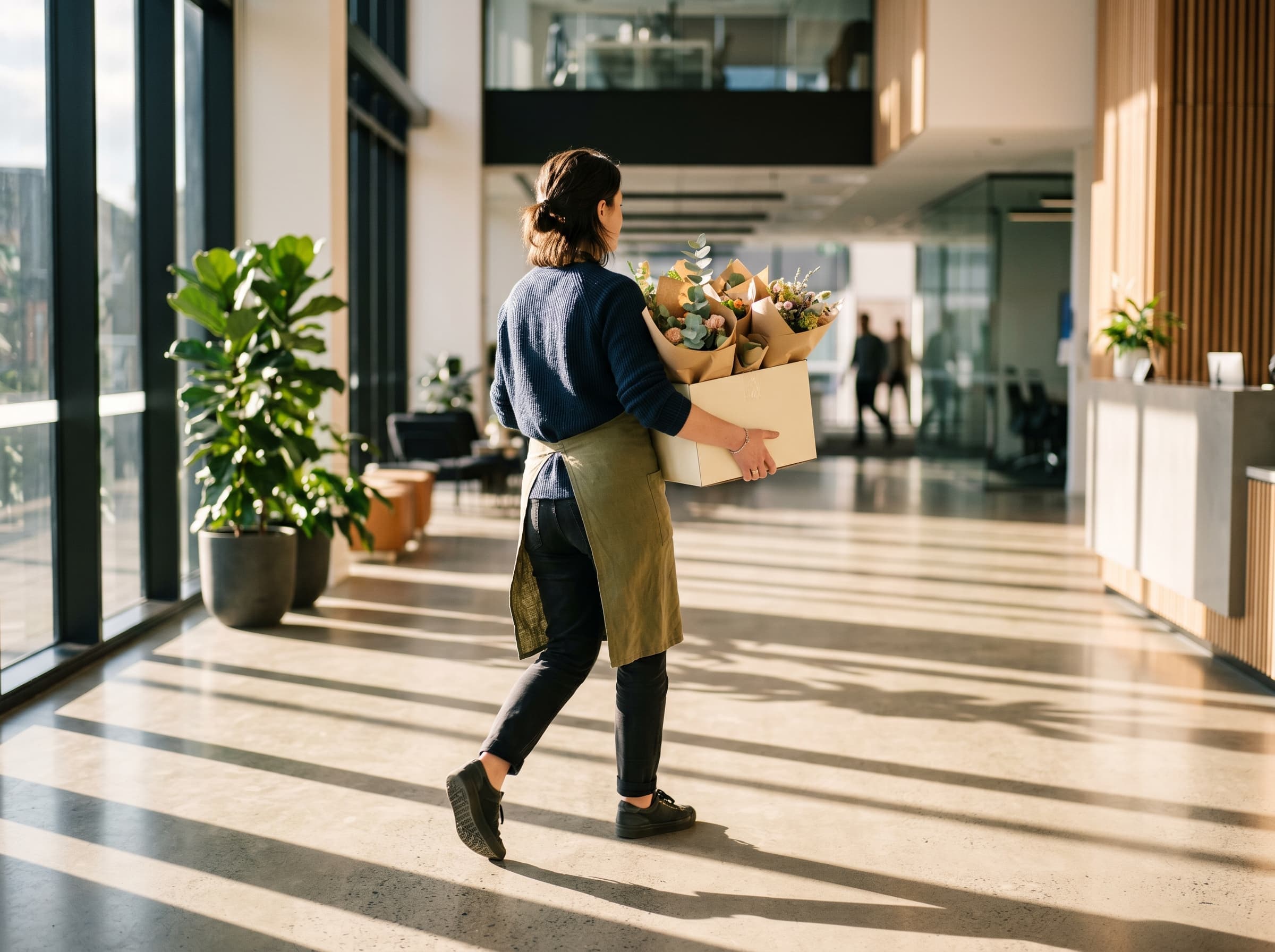 Florist delivering small arrangements in a cream cardboard box to a sunlit modern office lobby