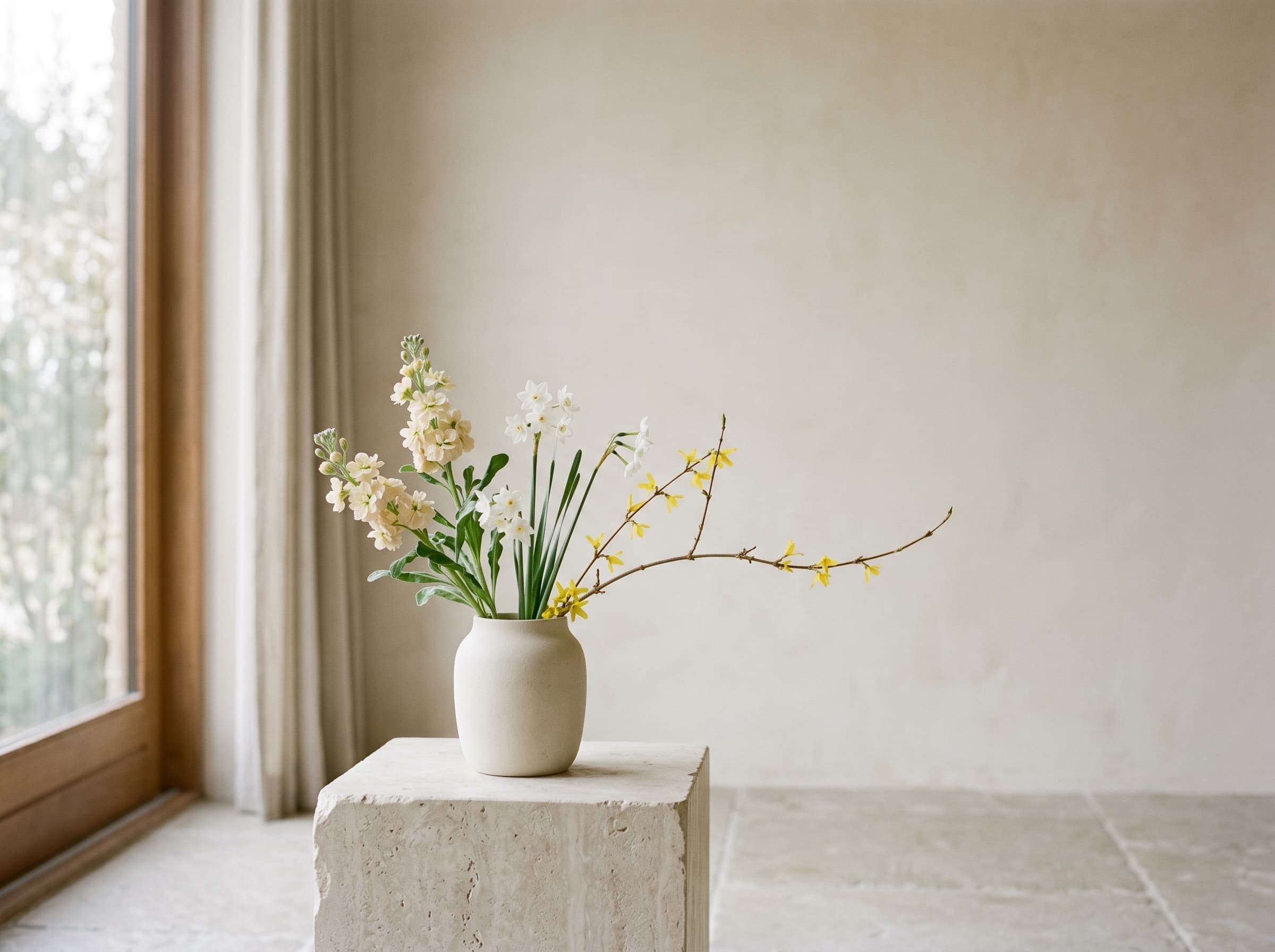 Minimal weekly arrangement in a matte bone ceramic vessel on a limestone plinth, soft north-facing window light