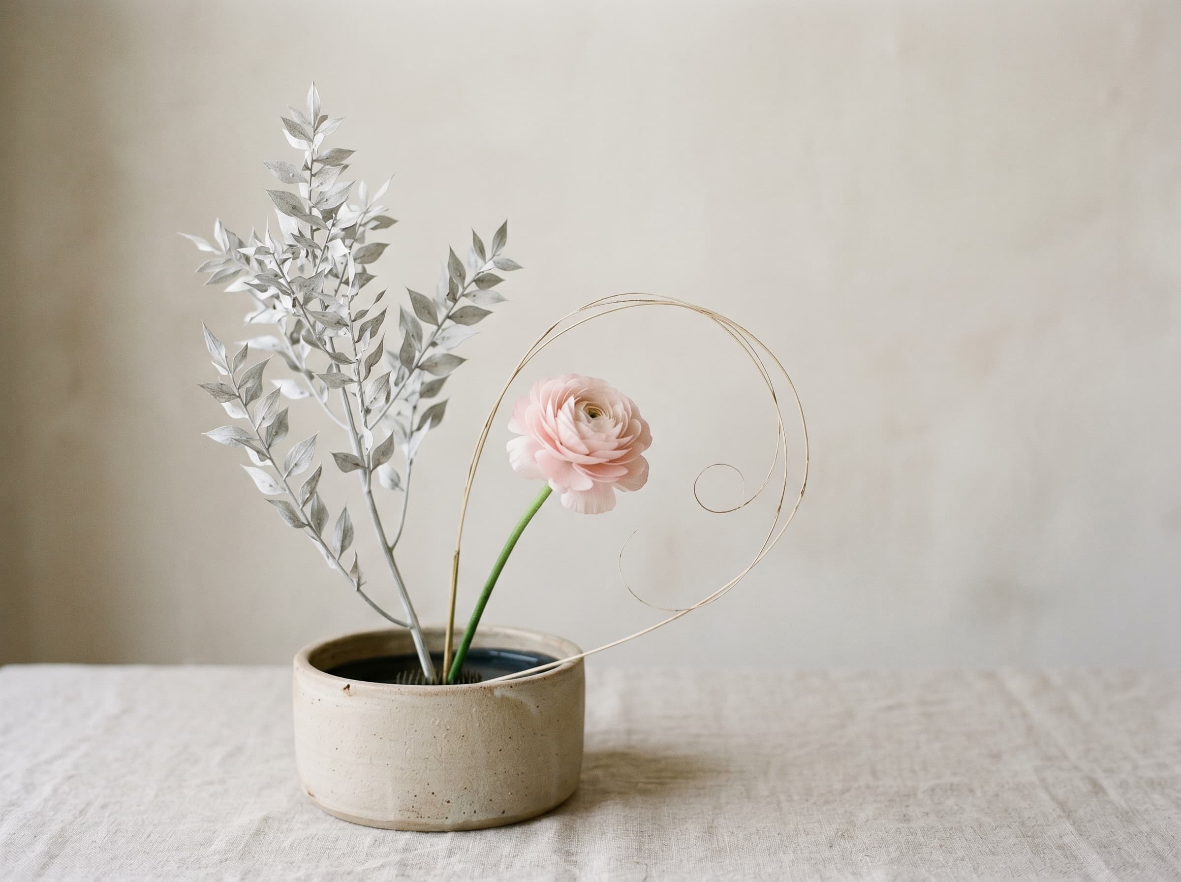 Ikebana composition with stone-pink ranunculus and bleached eucalyptus in a stoneware vessel