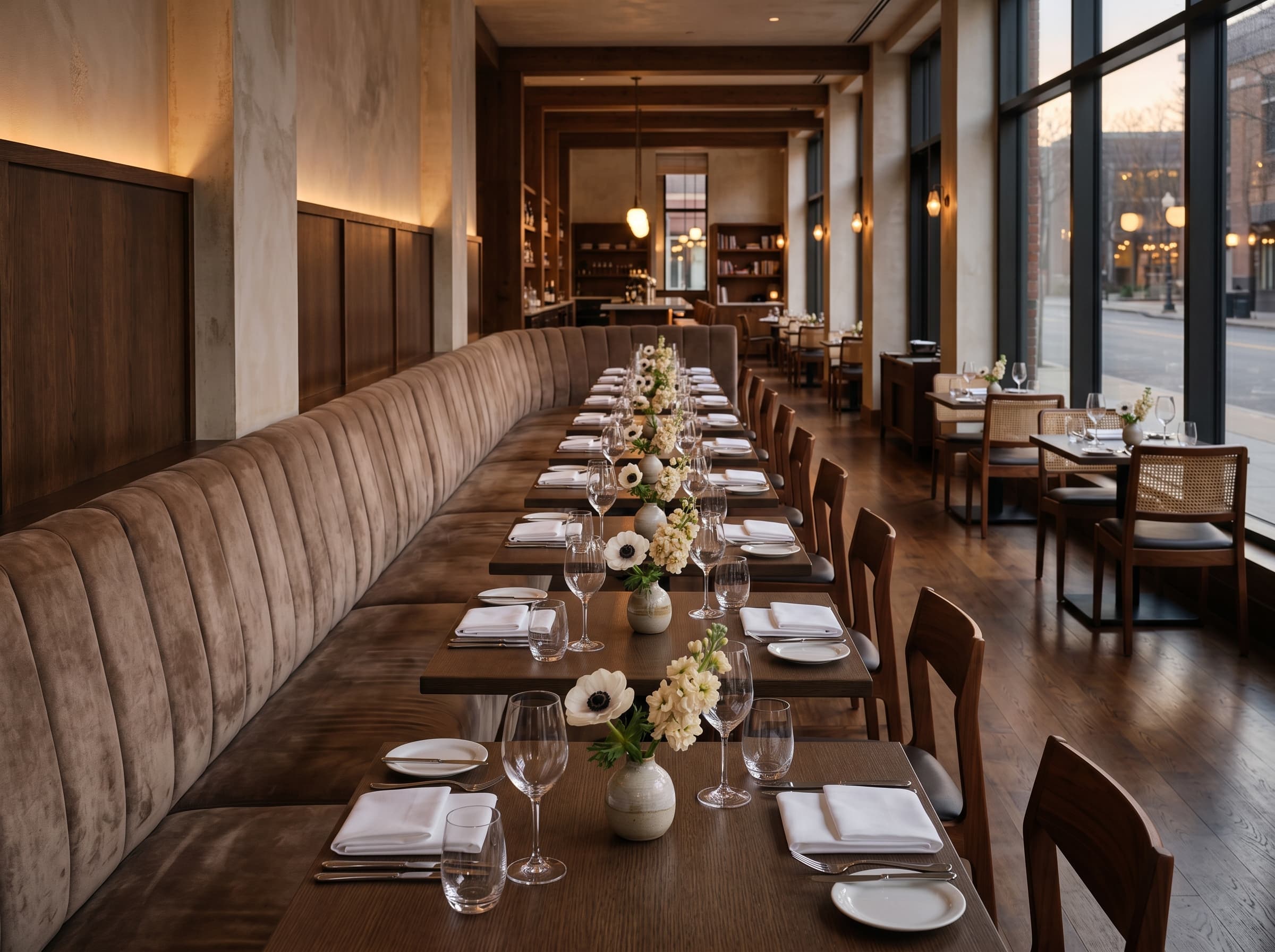 Wide restaurant interior with banquette seating and minimal arrangement of pale cream stock and white anemone