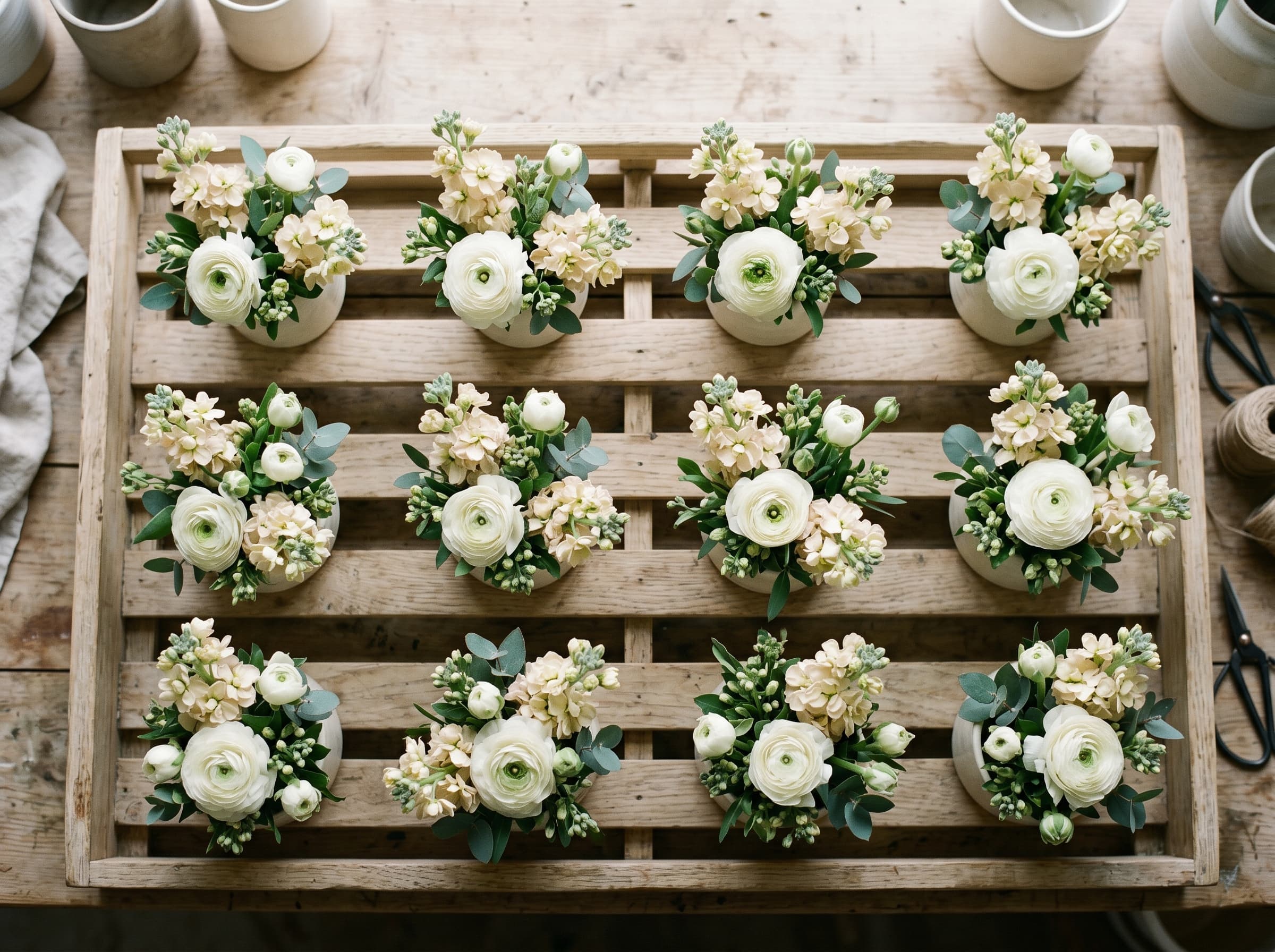 Overhead view of twelve small arrangements on a pale wooden bakery rack in bone ceramic vessels