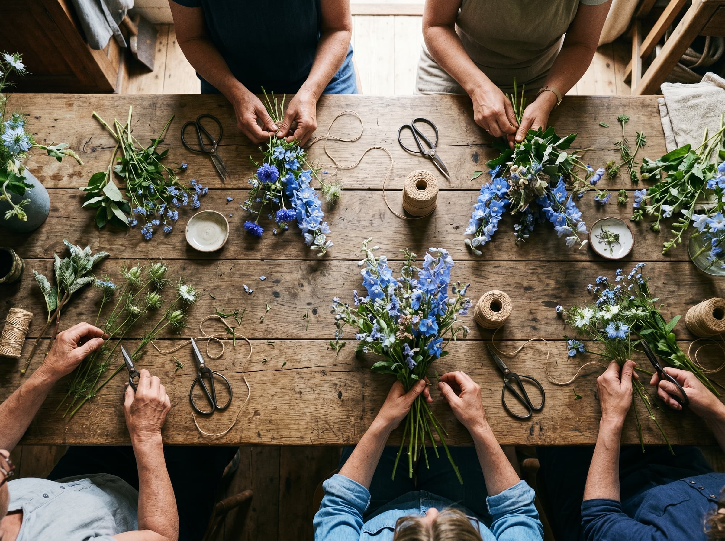 Four pairs of hands arranging cornflower blue delphinium at a weathered oak table