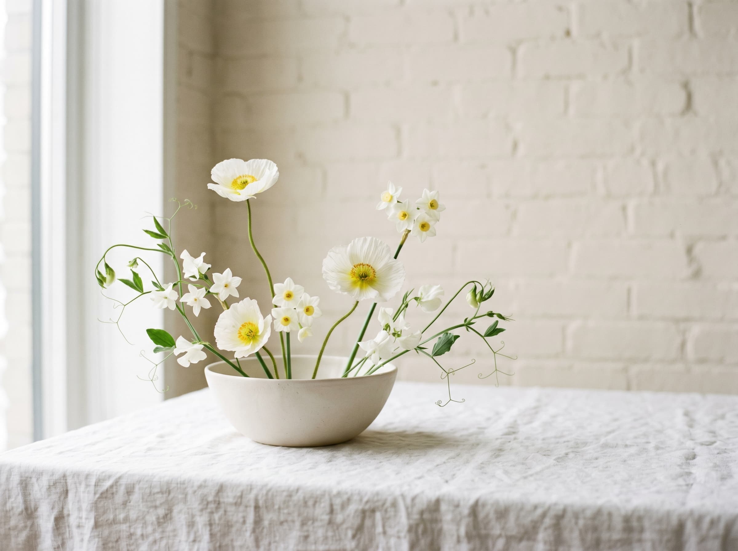 Minimal editorial arrangement of white iceland poppies and narcissus in an unglazed vessel